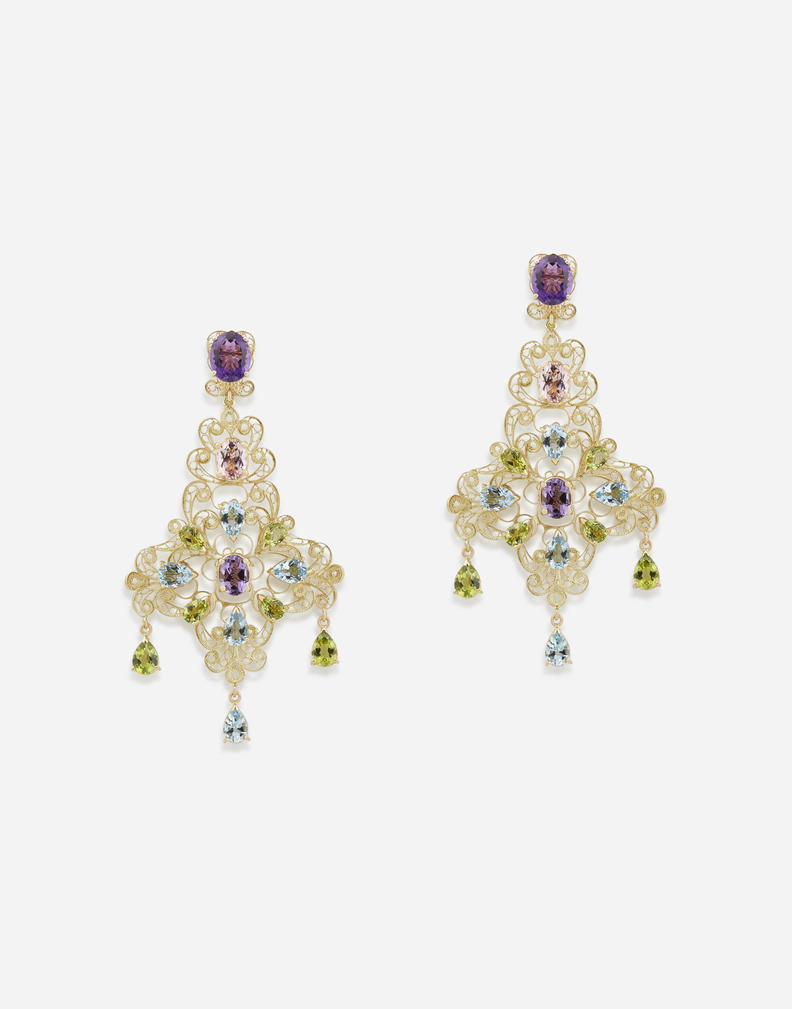 Pizzo earrings in yellow gold filigree with amethysts, aquamarines, peridots and morganites in Gold