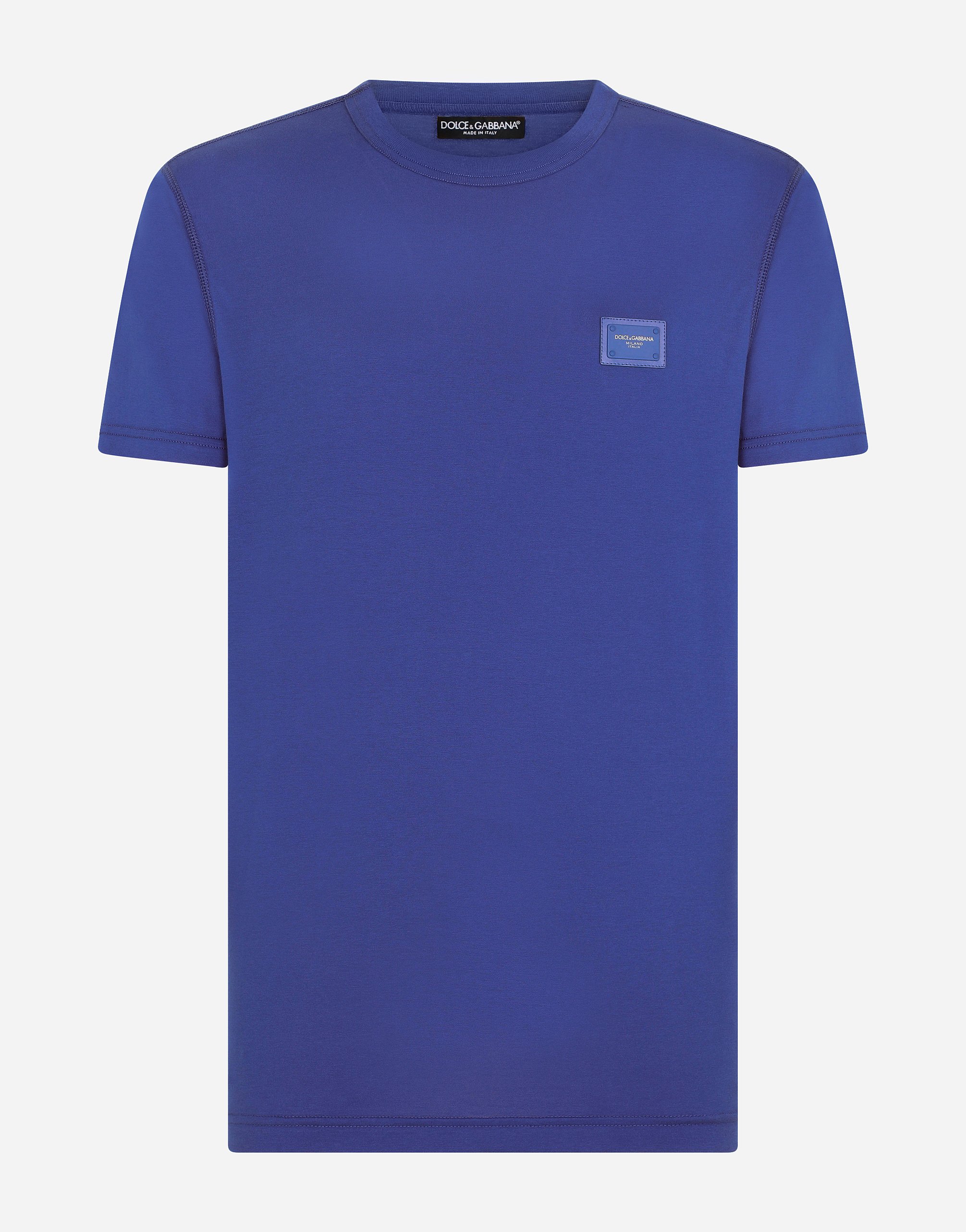 Cotton V-neck T-shirt with branded plate in Blue