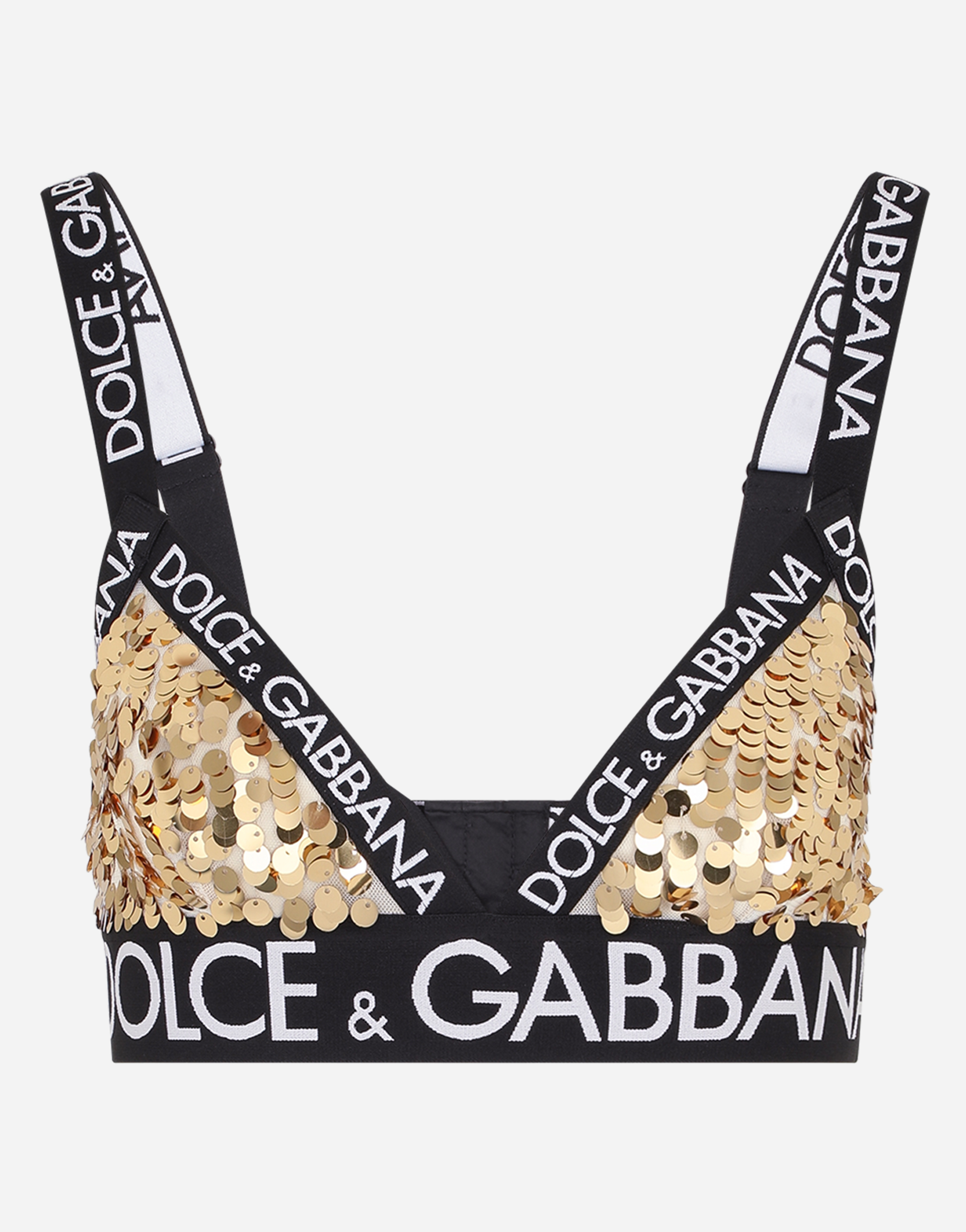 Sequined triangle bra with branded elastic in Gold
