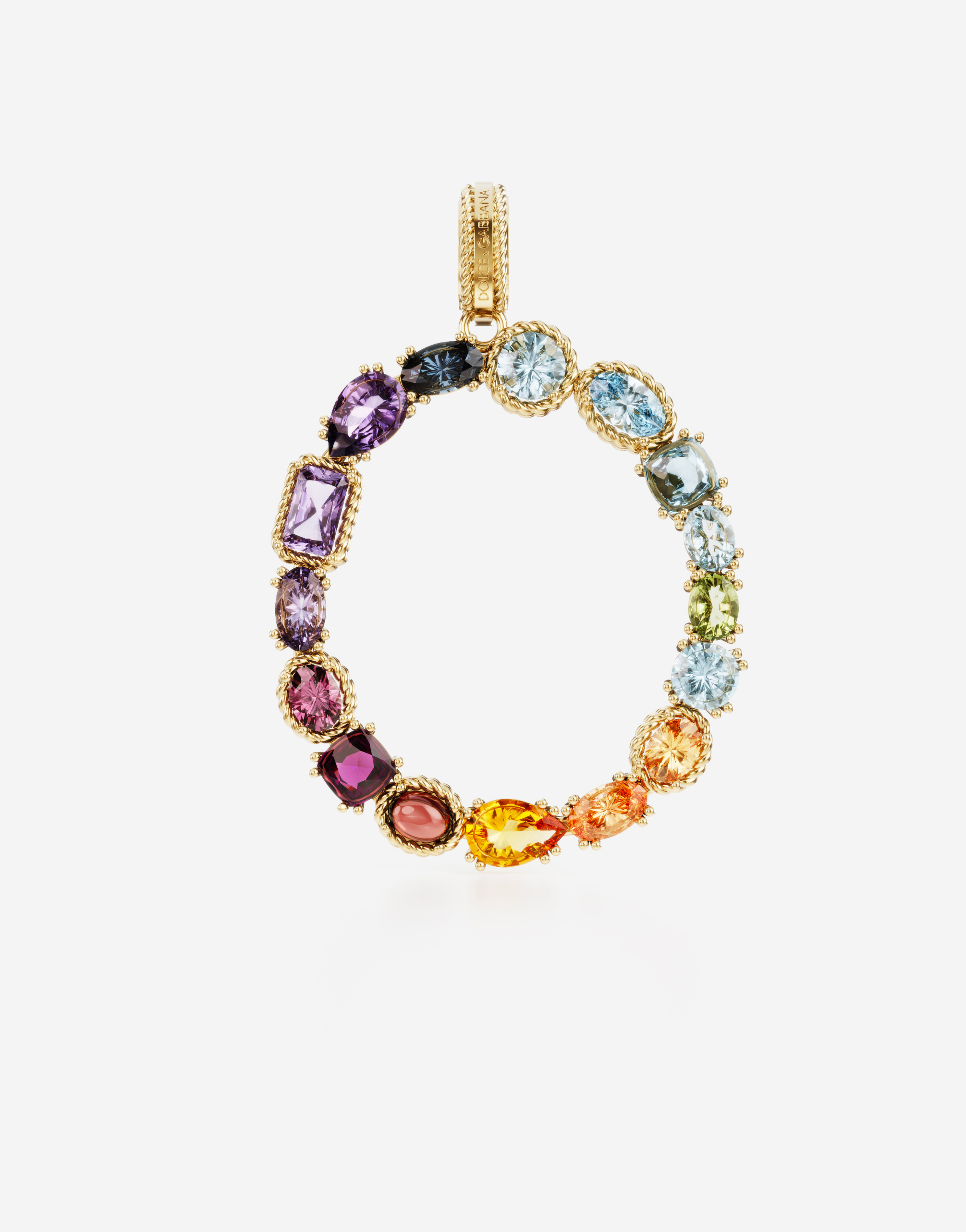 Rainbow alphabet O 18 kt yellow gold charm with multicolor fine gems in Gold