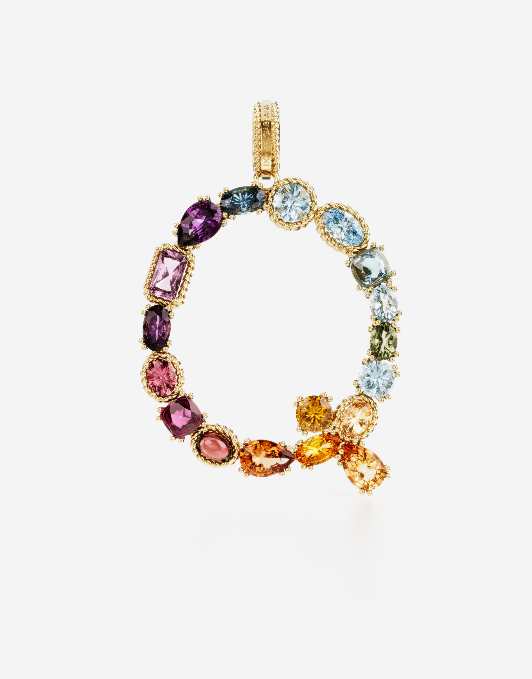 Rainbow alphabet Q 18 kt yellow gold charm with multicolor fine gems in Gold