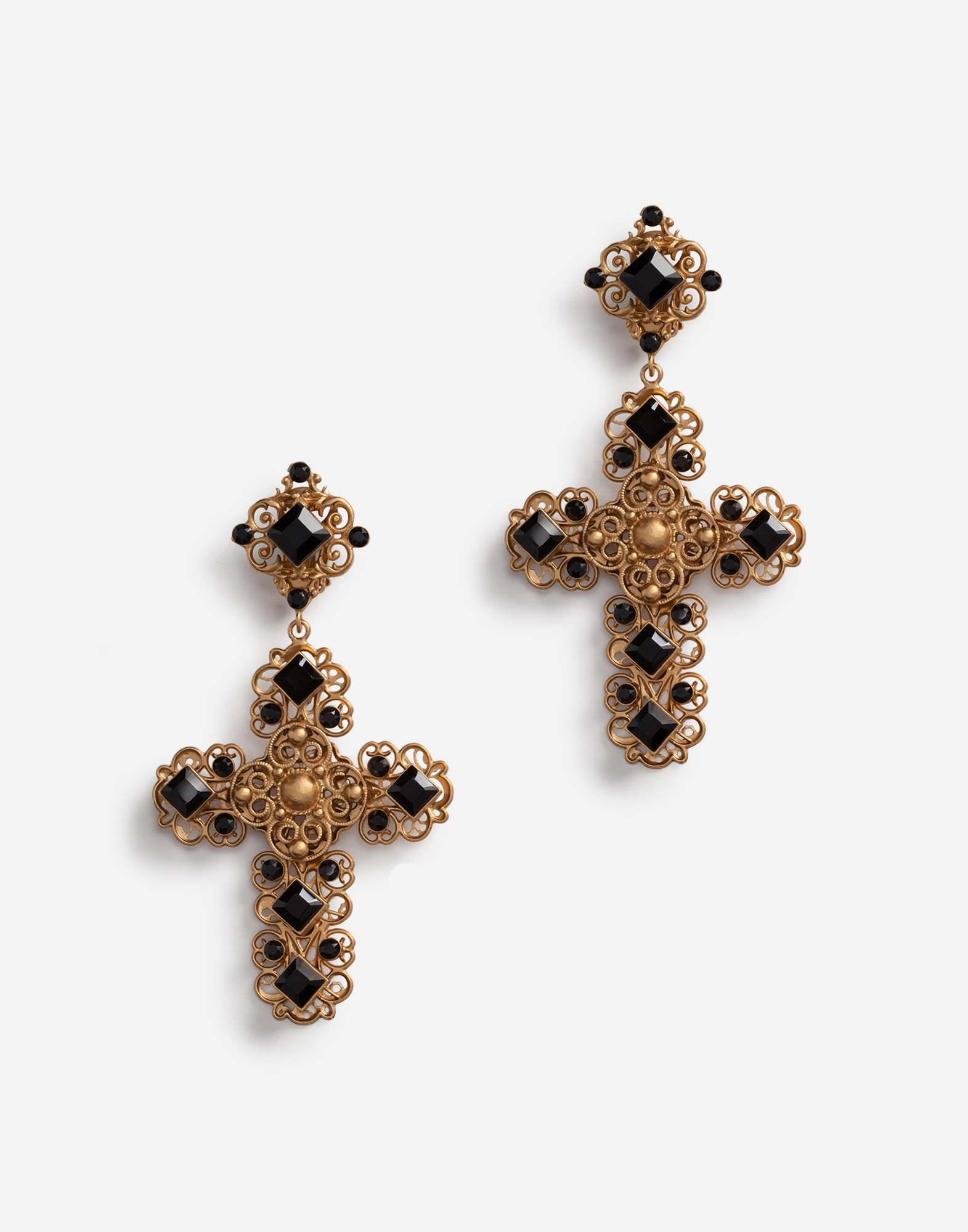 Clip-on drop earrings with crosses in Gold