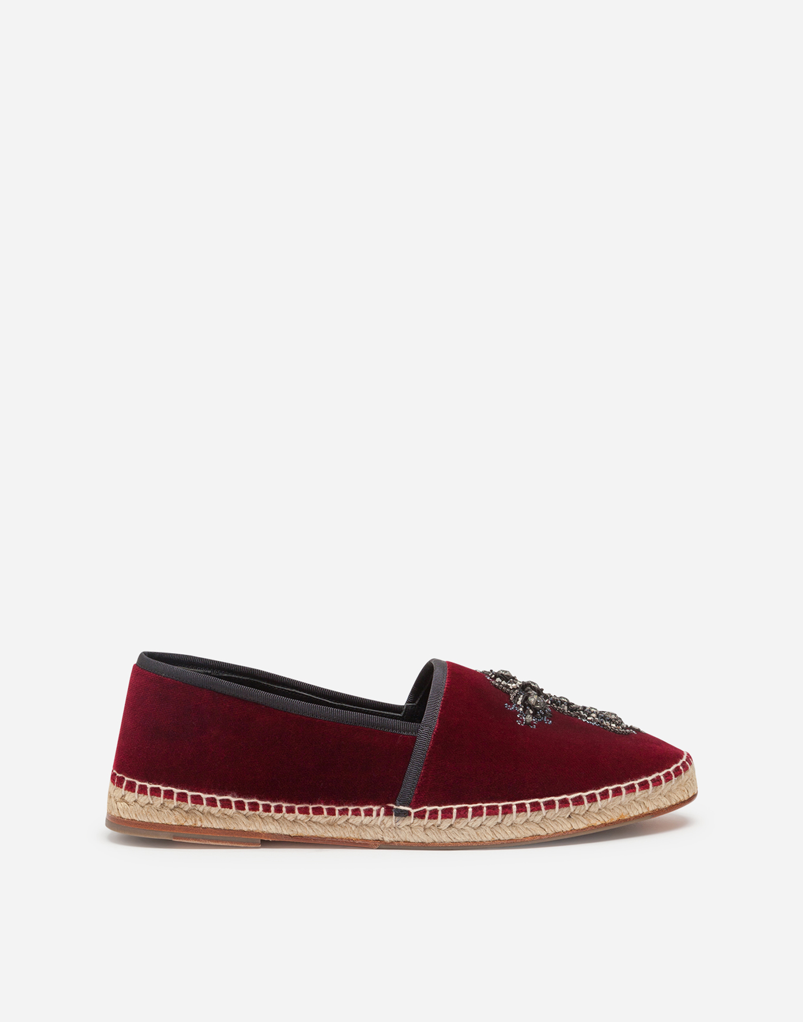 Velvet espadrilles with rope sole and cross embroidery in Bordeaux