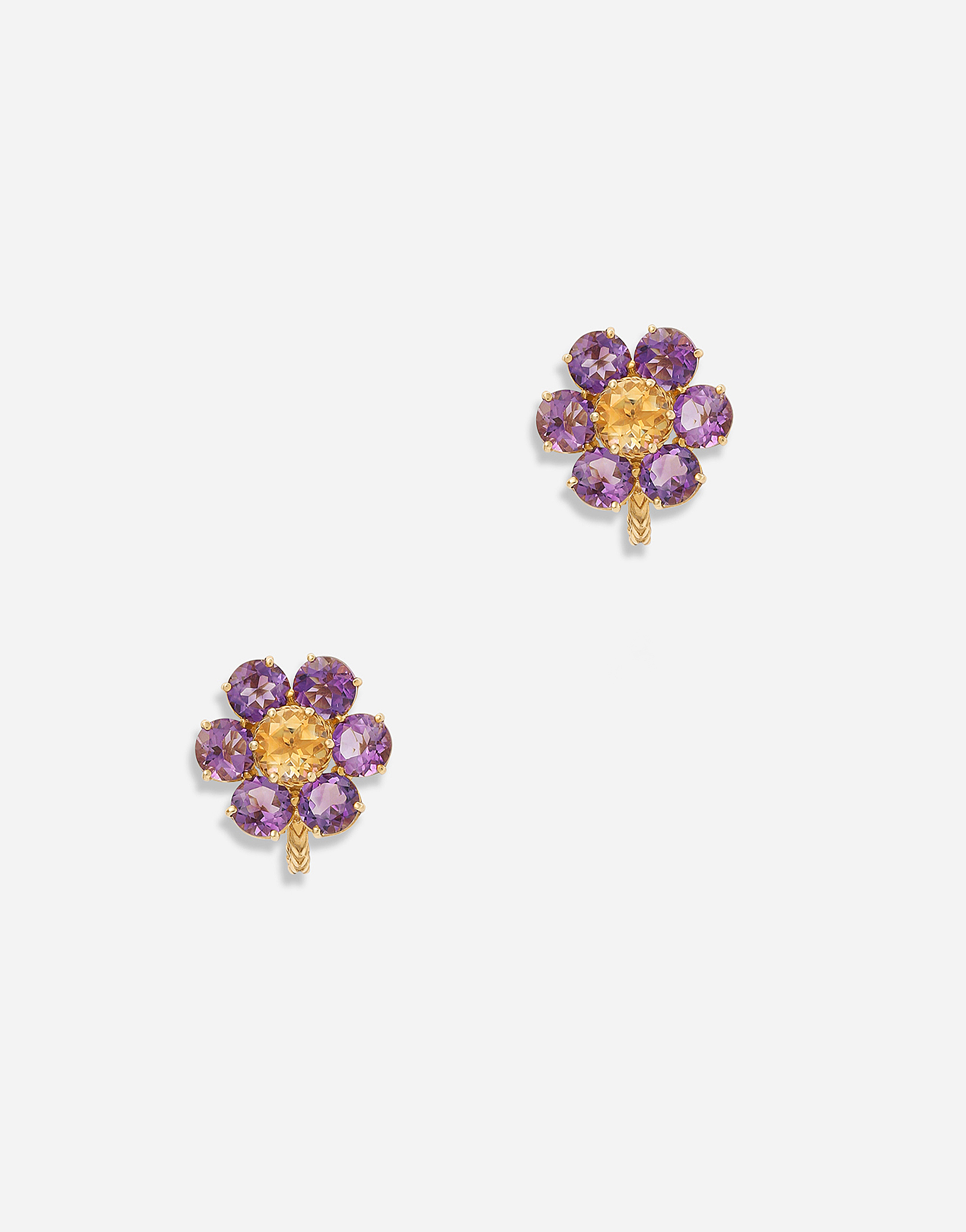 Spring earrings in yellow 18kt gold with amethyst flower motif in Gold