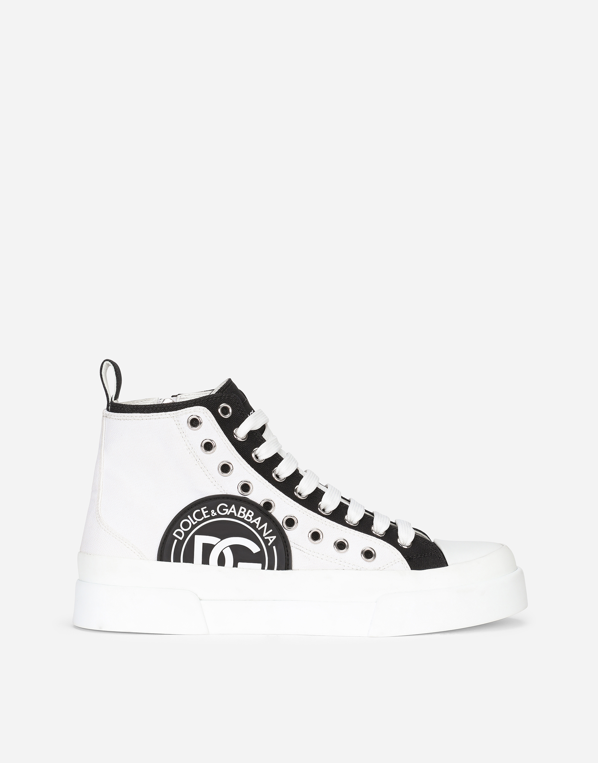 Two-tone canvas Portofino Light mid-top sneakers with DG logo in  White/Black for Women | Dolce&Gabbana®