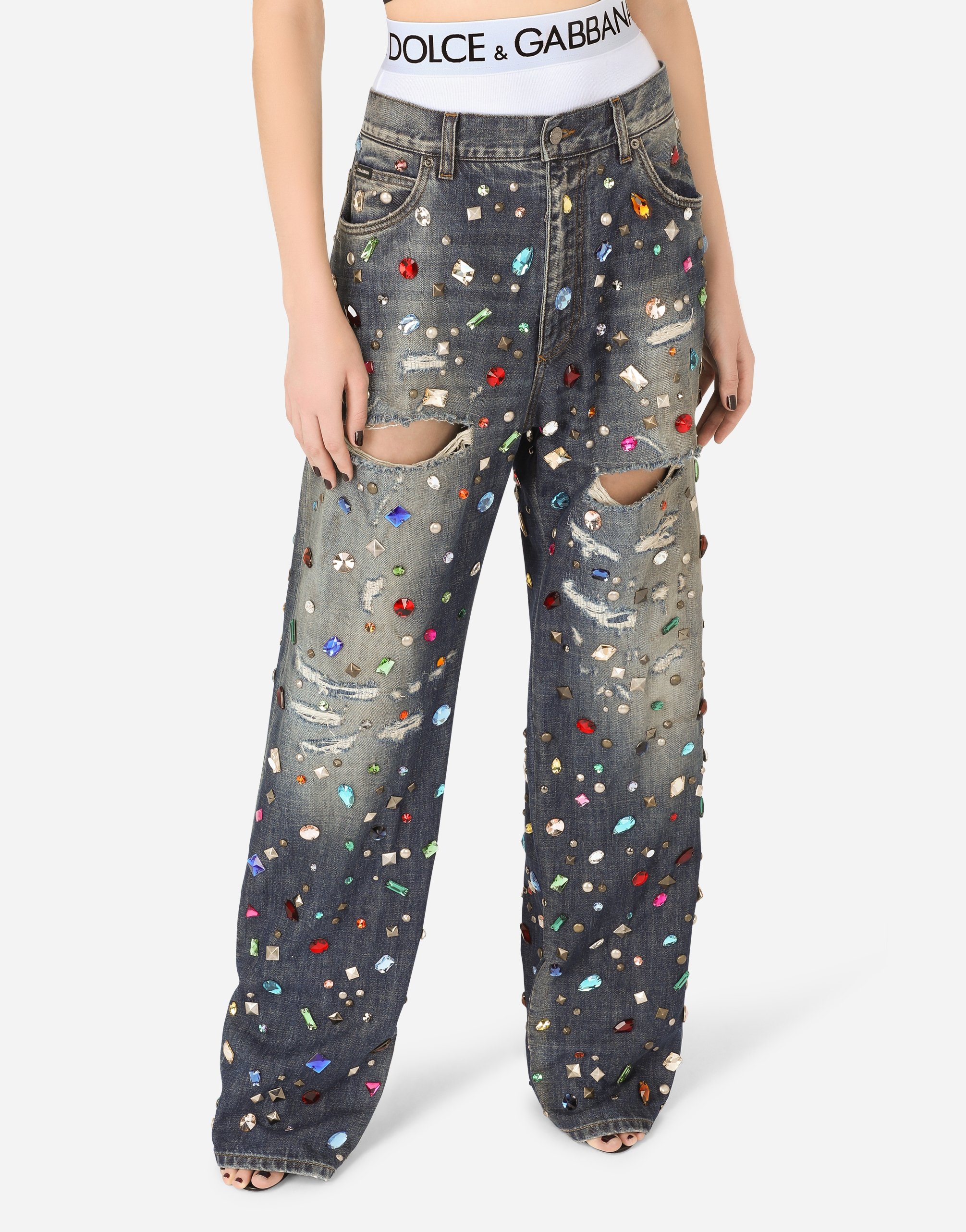 Jeans with rhinestone details in Multicolor for Women | Dolce&Gabbana®