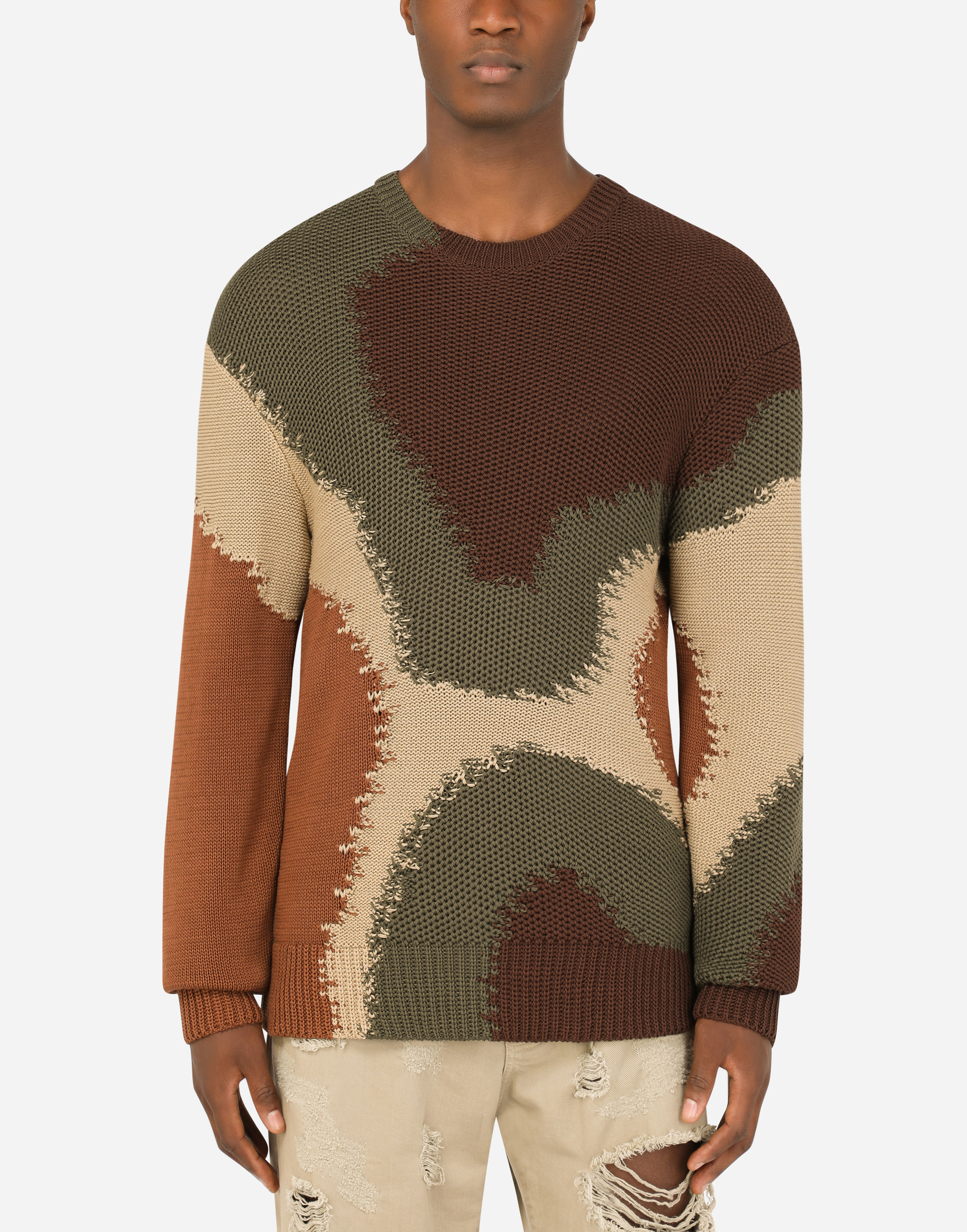 Cotton round-neck sweater with camouflage intarsia in Multicolor