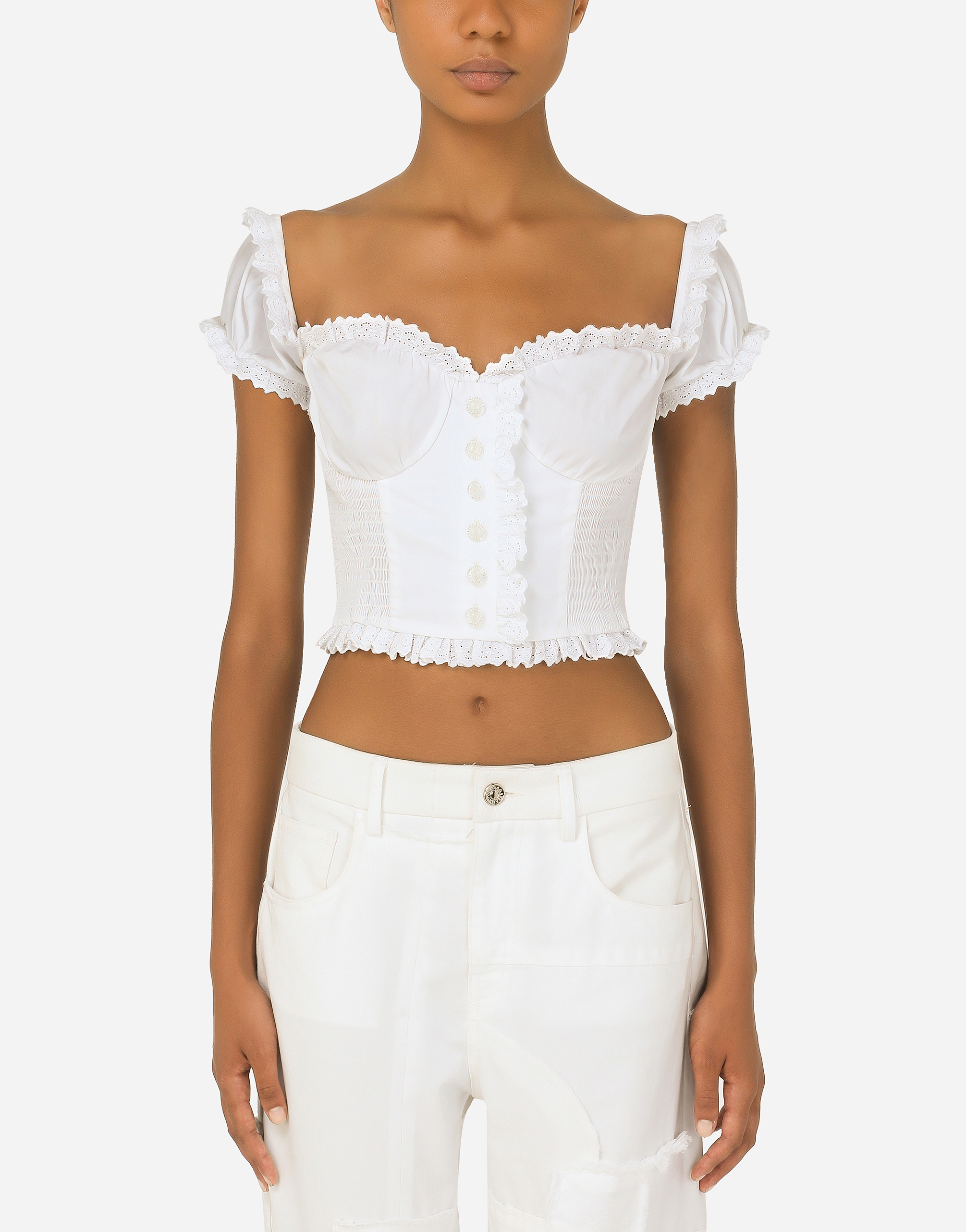 Poplin top with ruched details in White