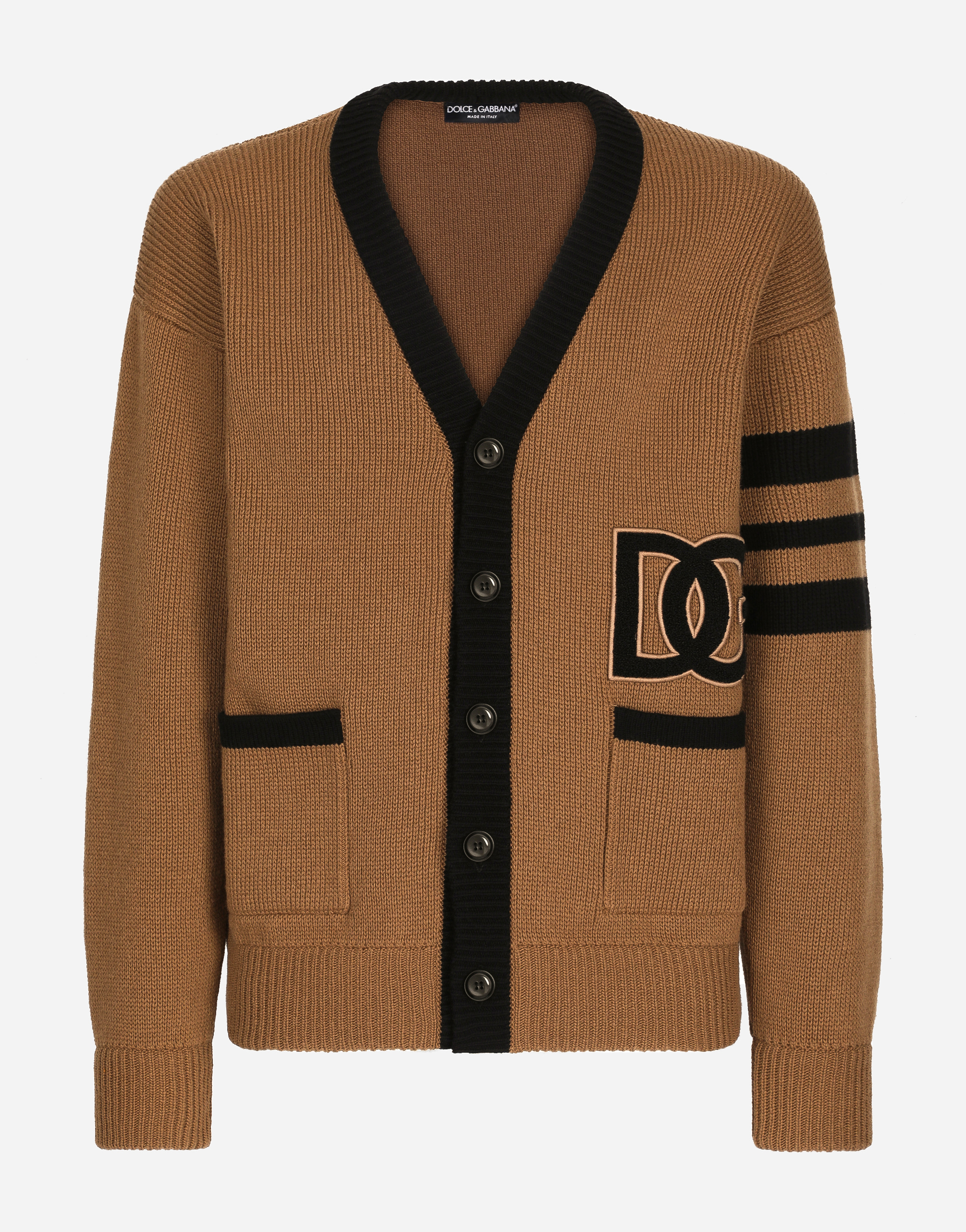 Wool fisherman’s rib cardigan with DG logo patch in Multicolor
