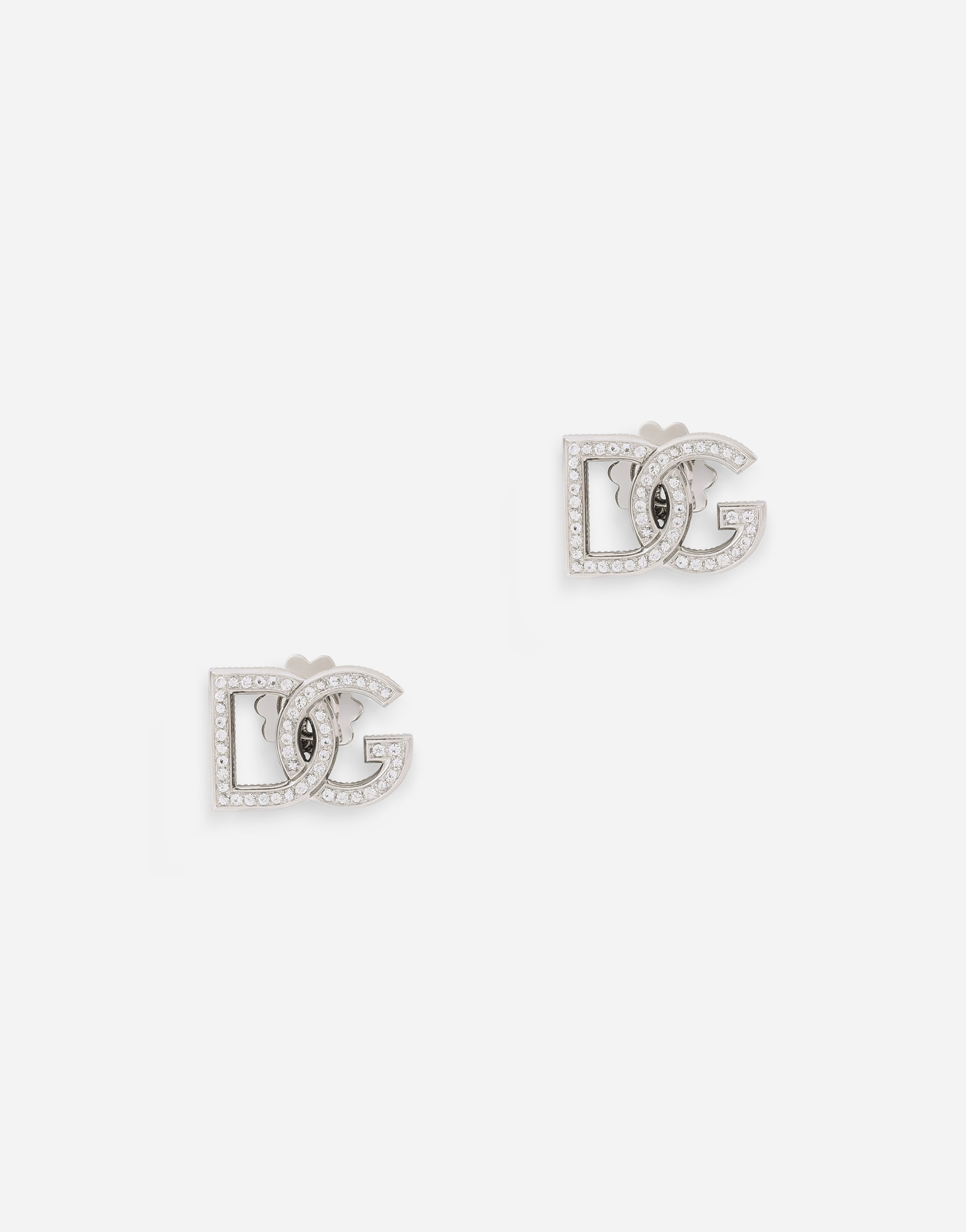 Logo earrings in white 18kt gold with colourless sapphires in White gold