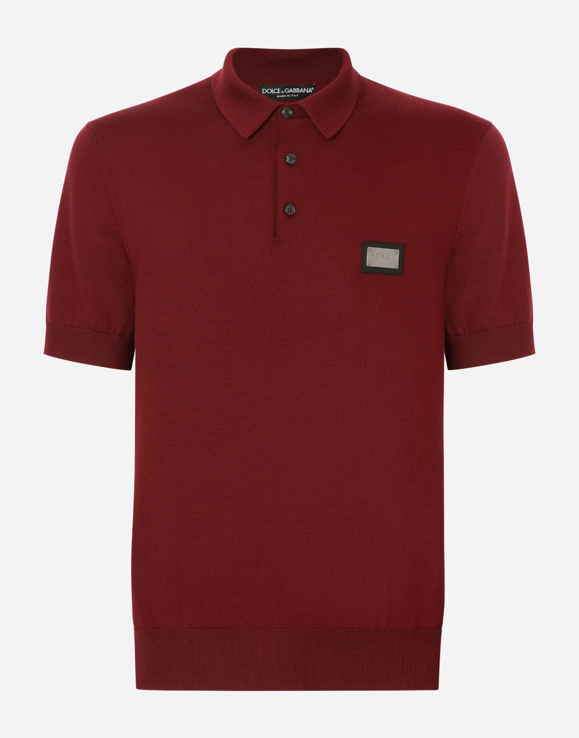 Wool polo-shirt with branded tag in Bordeaux