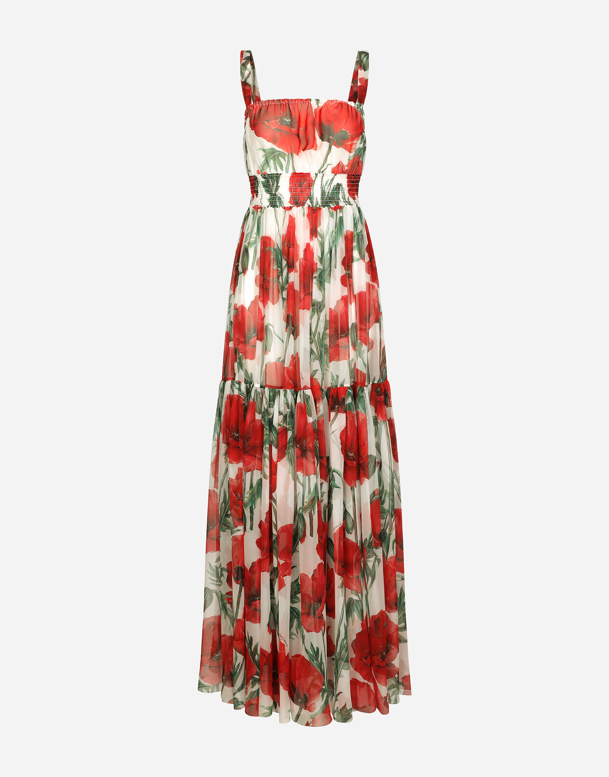 Long poppy-print chiffon dress in Multicolor