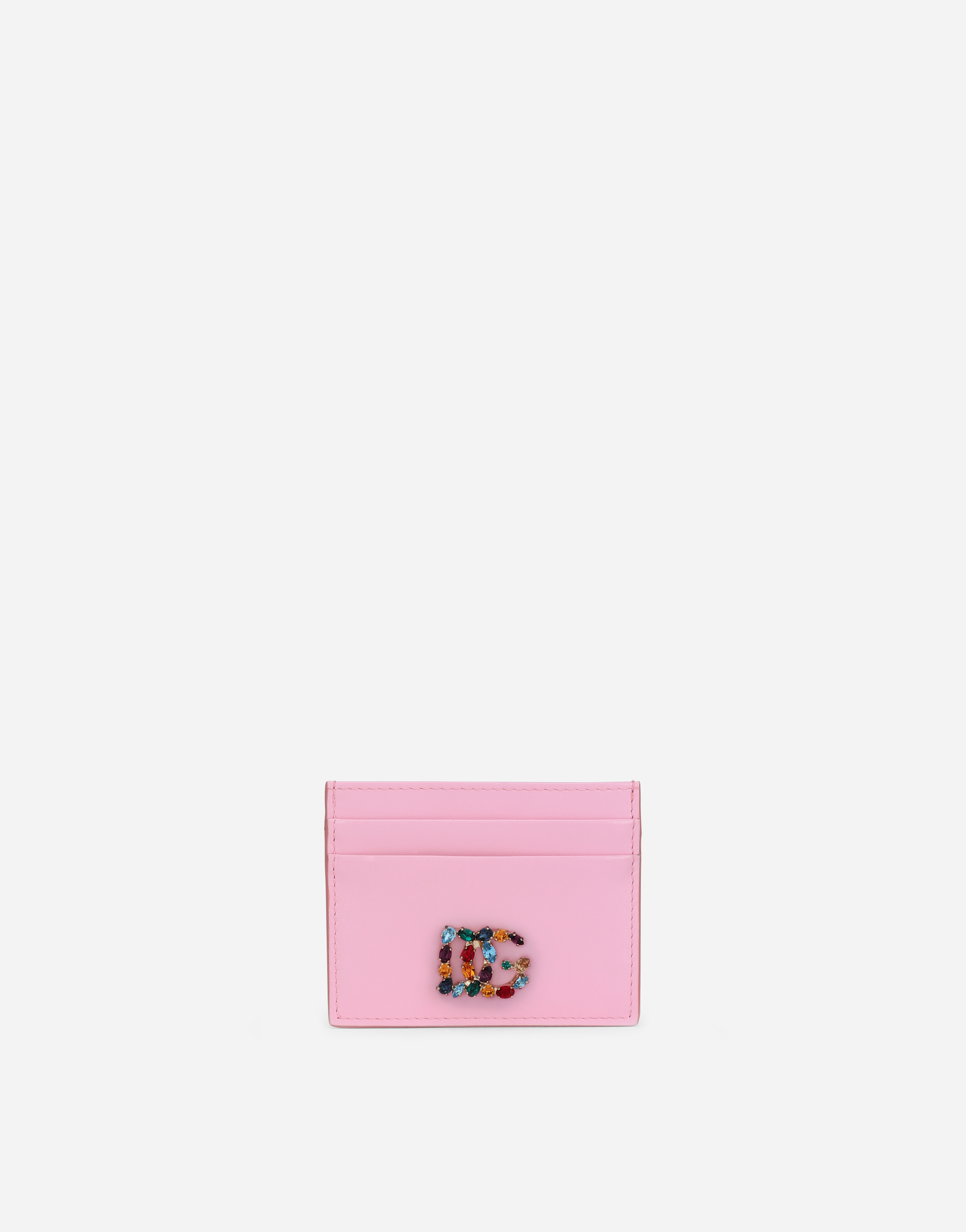 Calfskin card holder with rhinestone-detailed DG logo in Pink