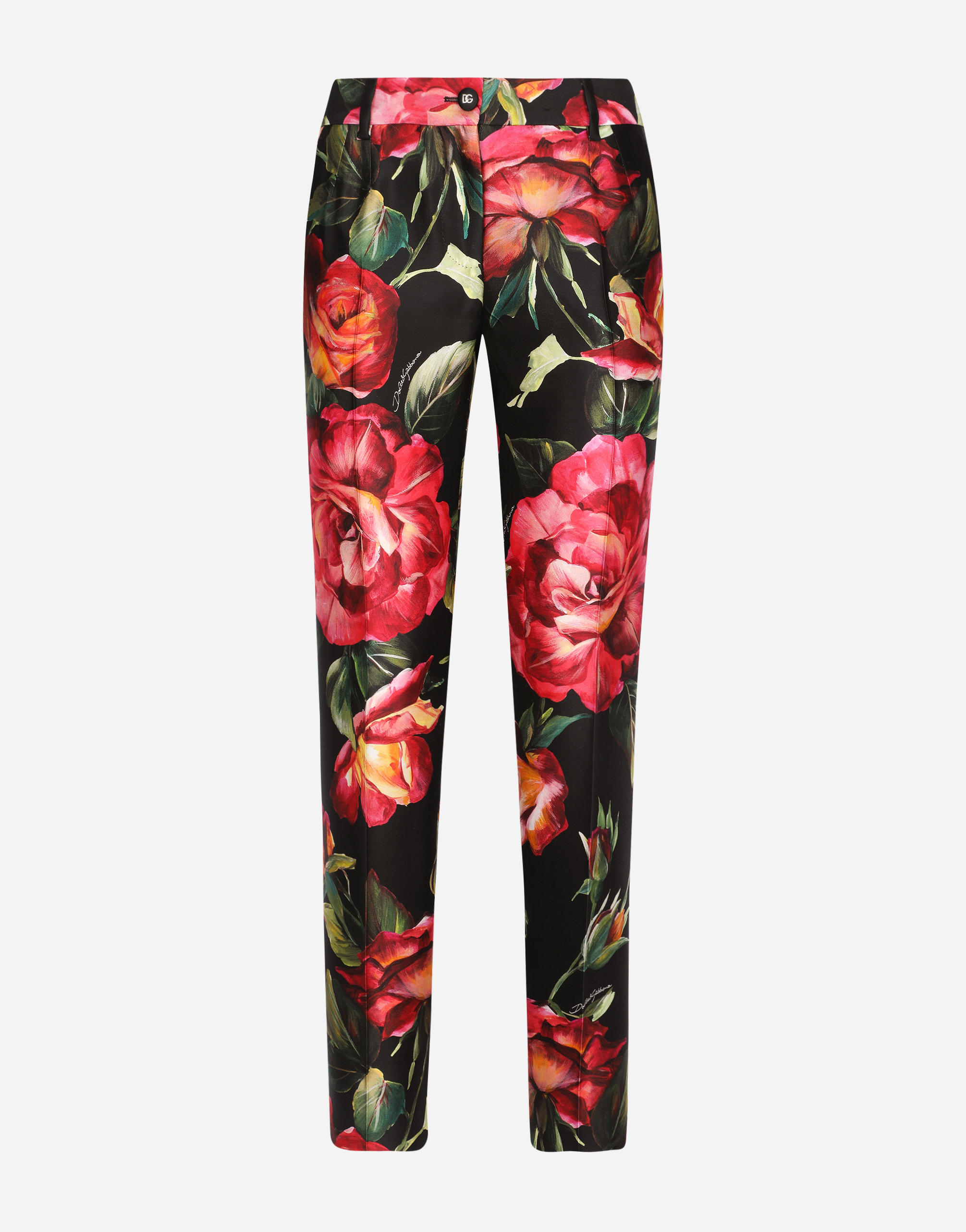 Low-rise rose-print shantung pants in Multicolor