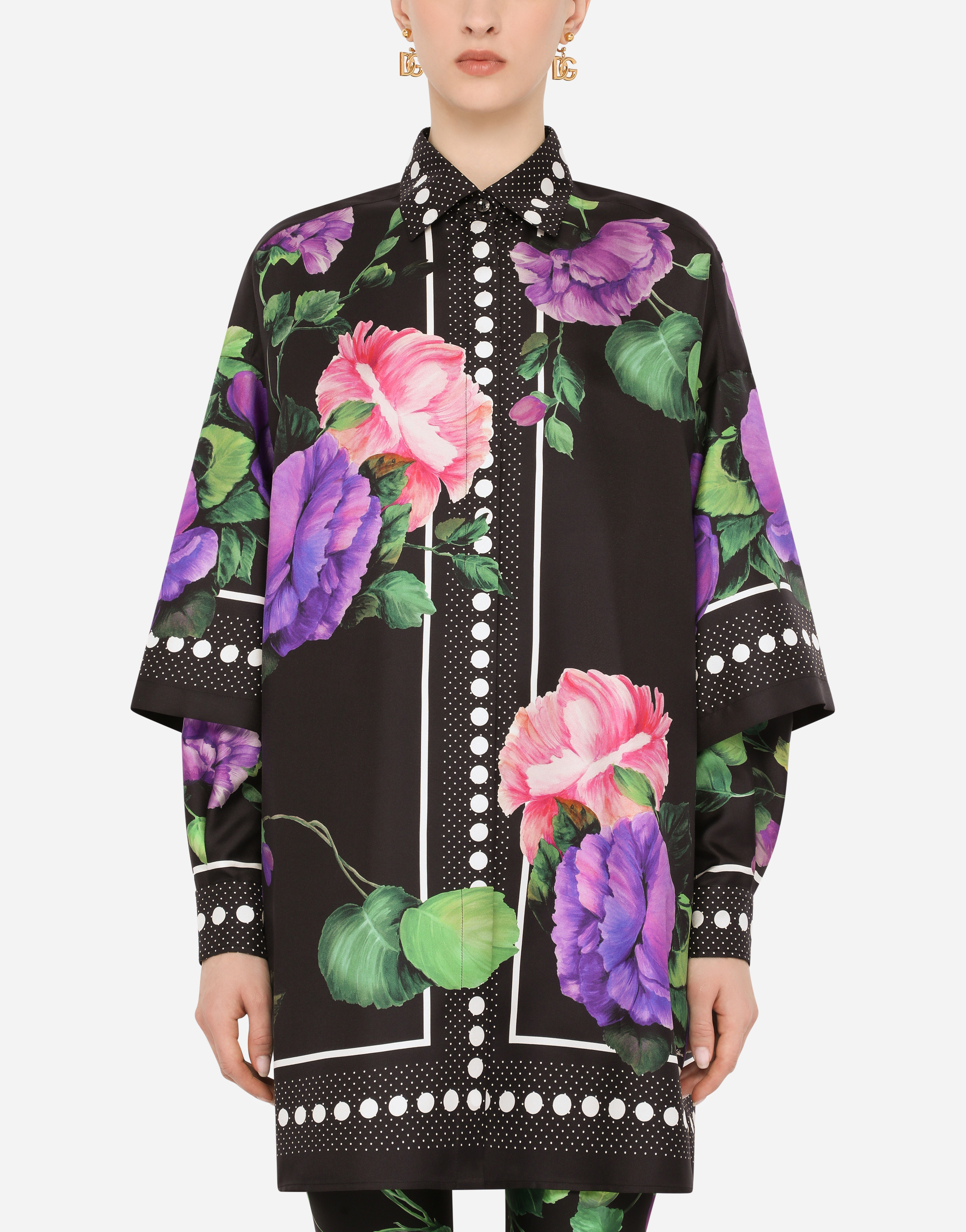 Rose-print twill shirt with double sleeves in Multicolor