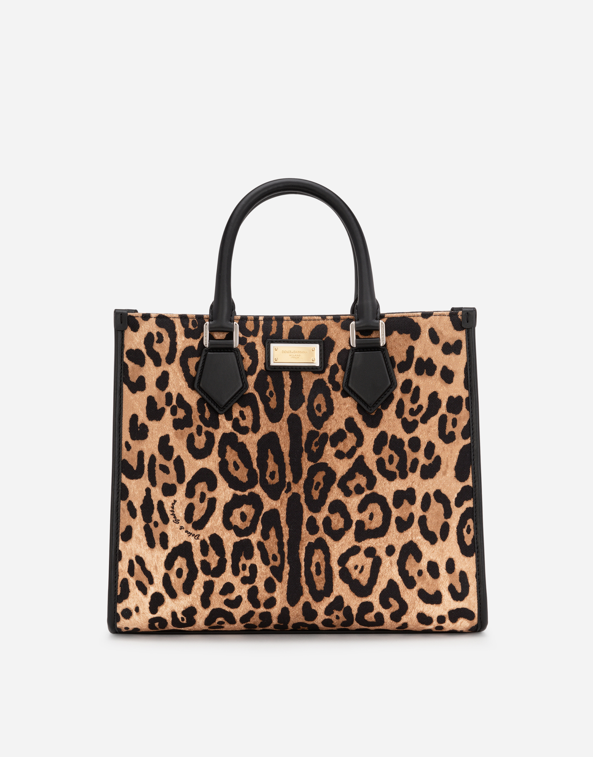 Leopard-print canvas shopper with calfskin nappa details in Multicolor