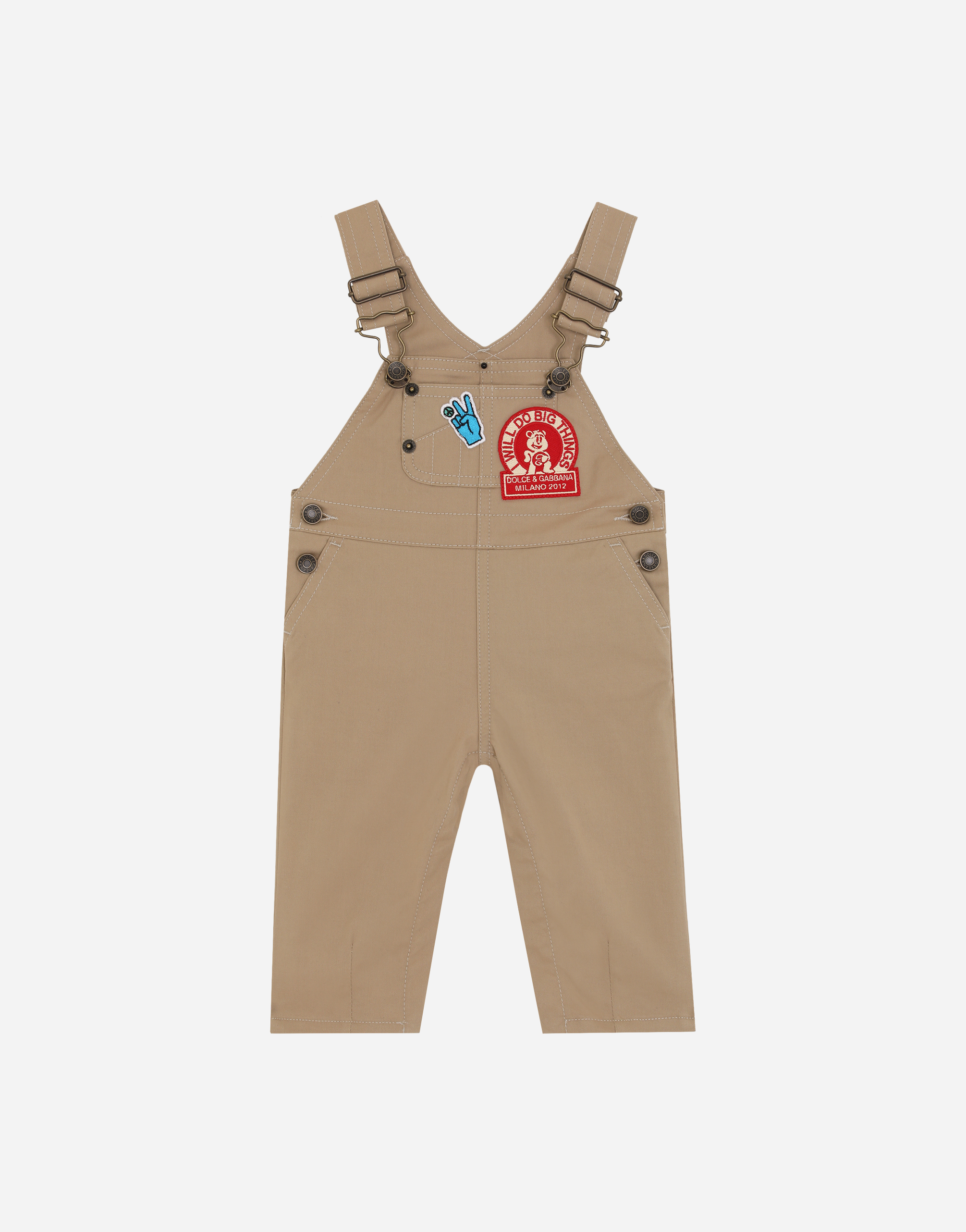 Stretch gabardine dungarees with patches in Beige