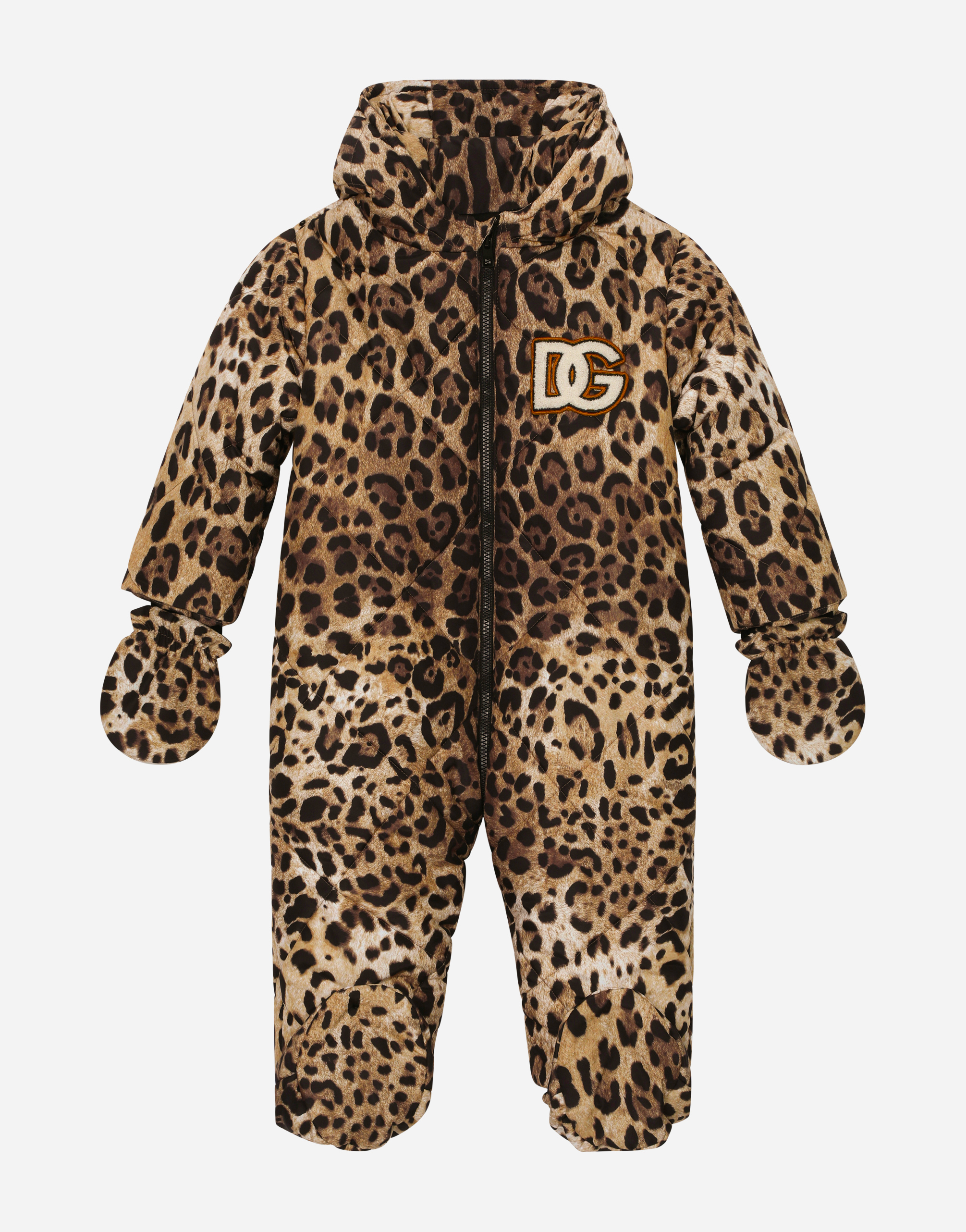 DOLCE & GABBANA PADDED QUILTED NYLON SNOWSUIT WITH LEOPARD PRINT