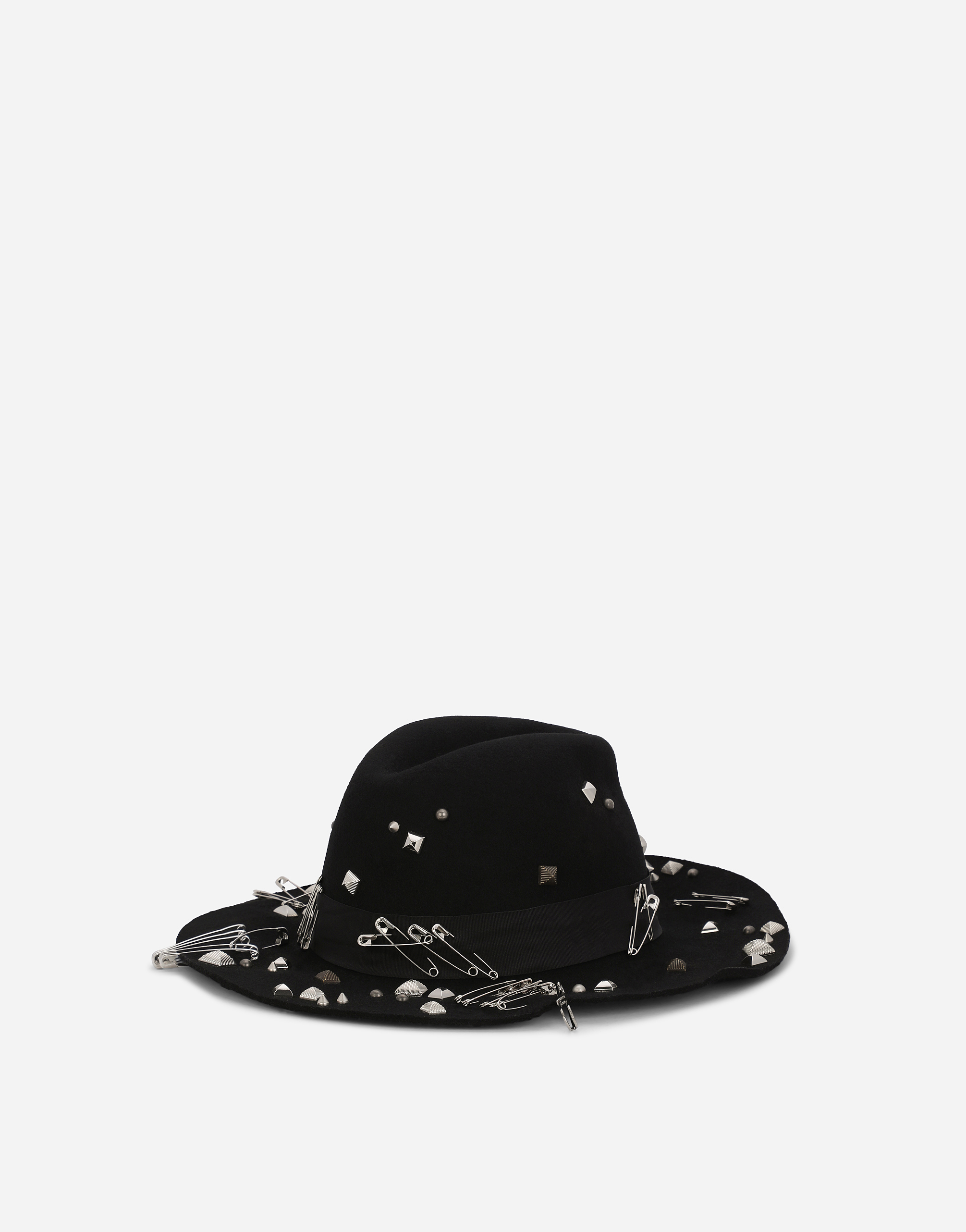 Wool felt hat with studs and safety pins in Black
