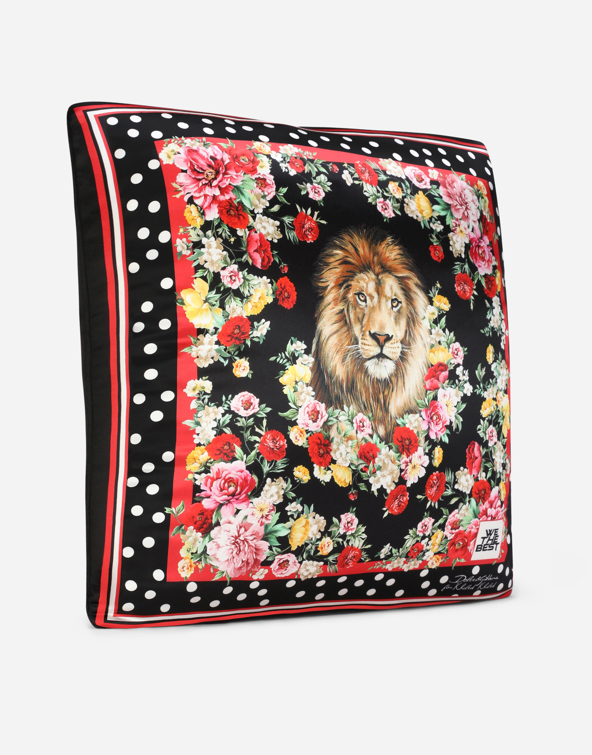 Printed silk pillow with lion mix embroidery in Multicolor