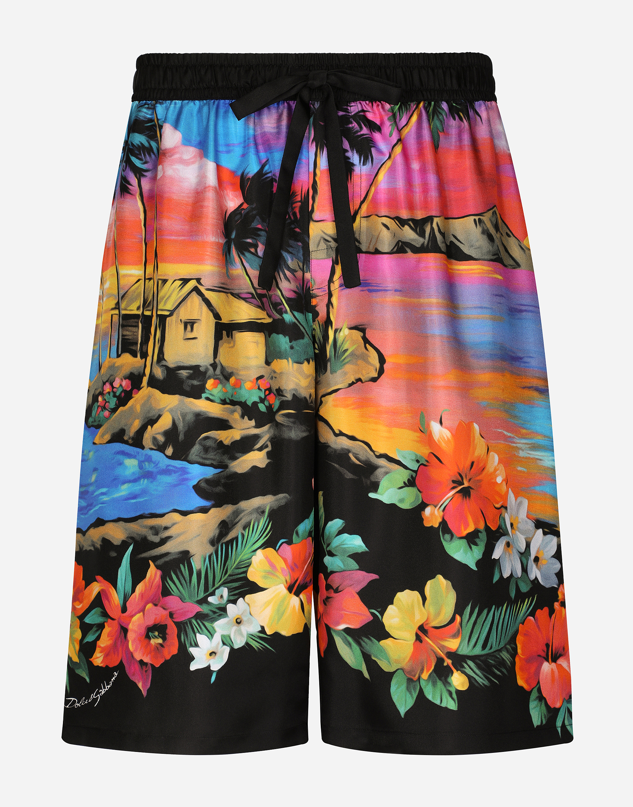 Silk twill jogging shorts with Hawaiian print in Multicolor