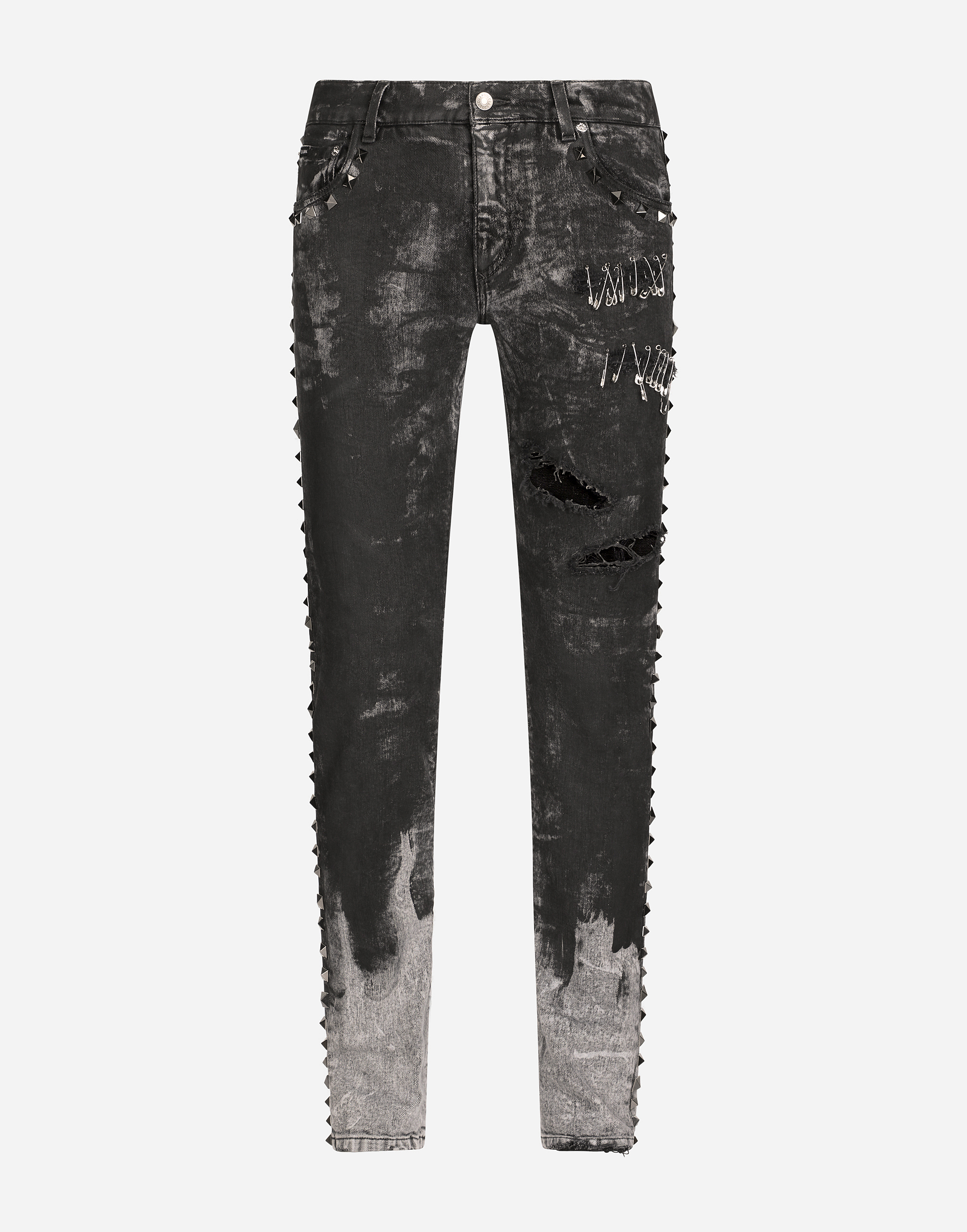 Skinny stretch jeans with studs and safety pins in Multicolor