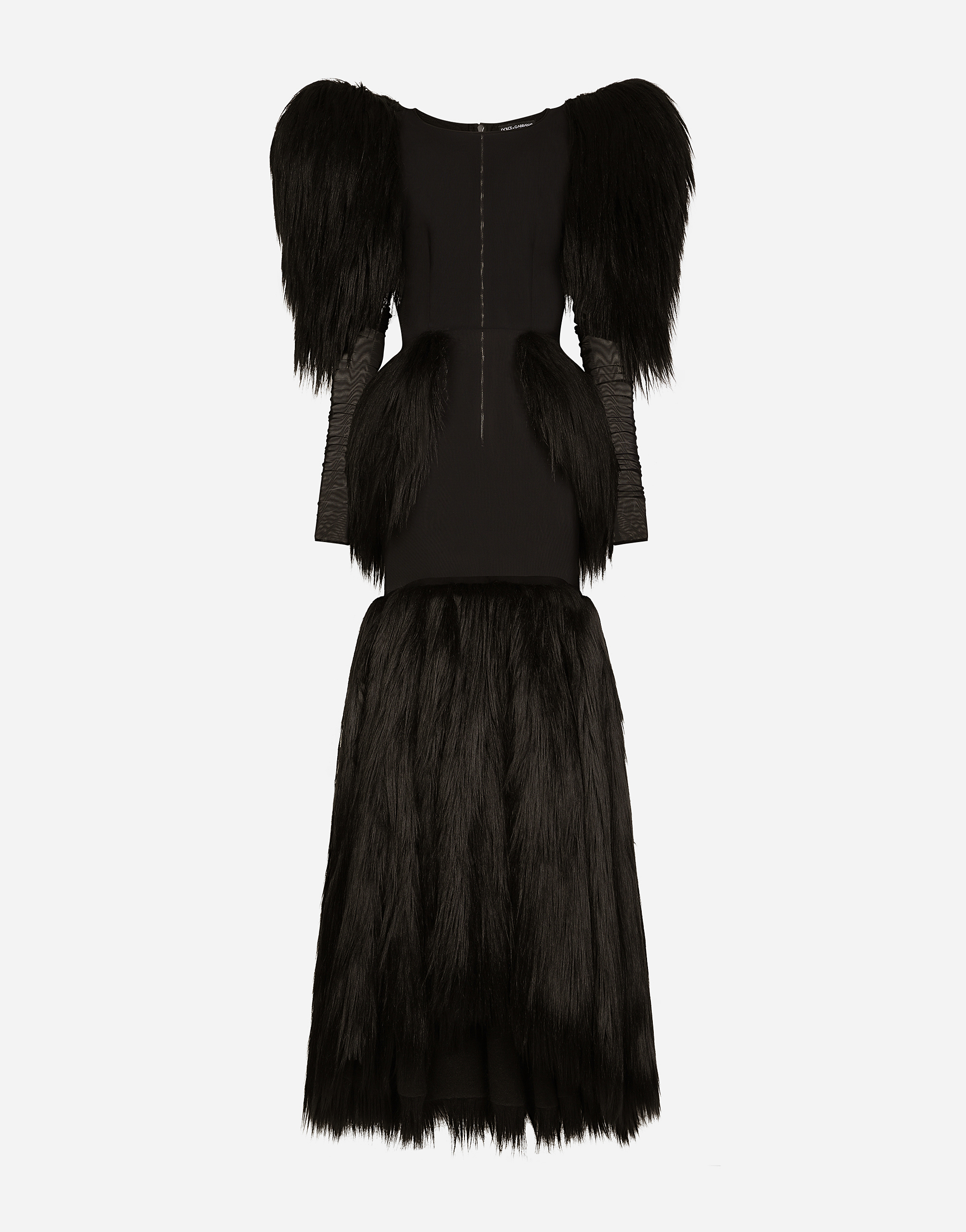 Long tulle and faux fur dress in Black