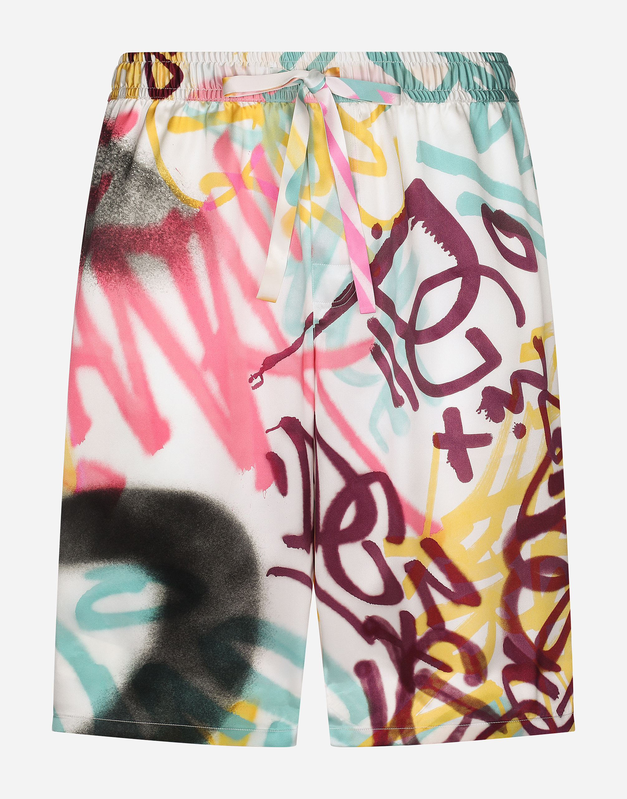 Silk jogging shorts with spray-paint graffiti print in Multicolor