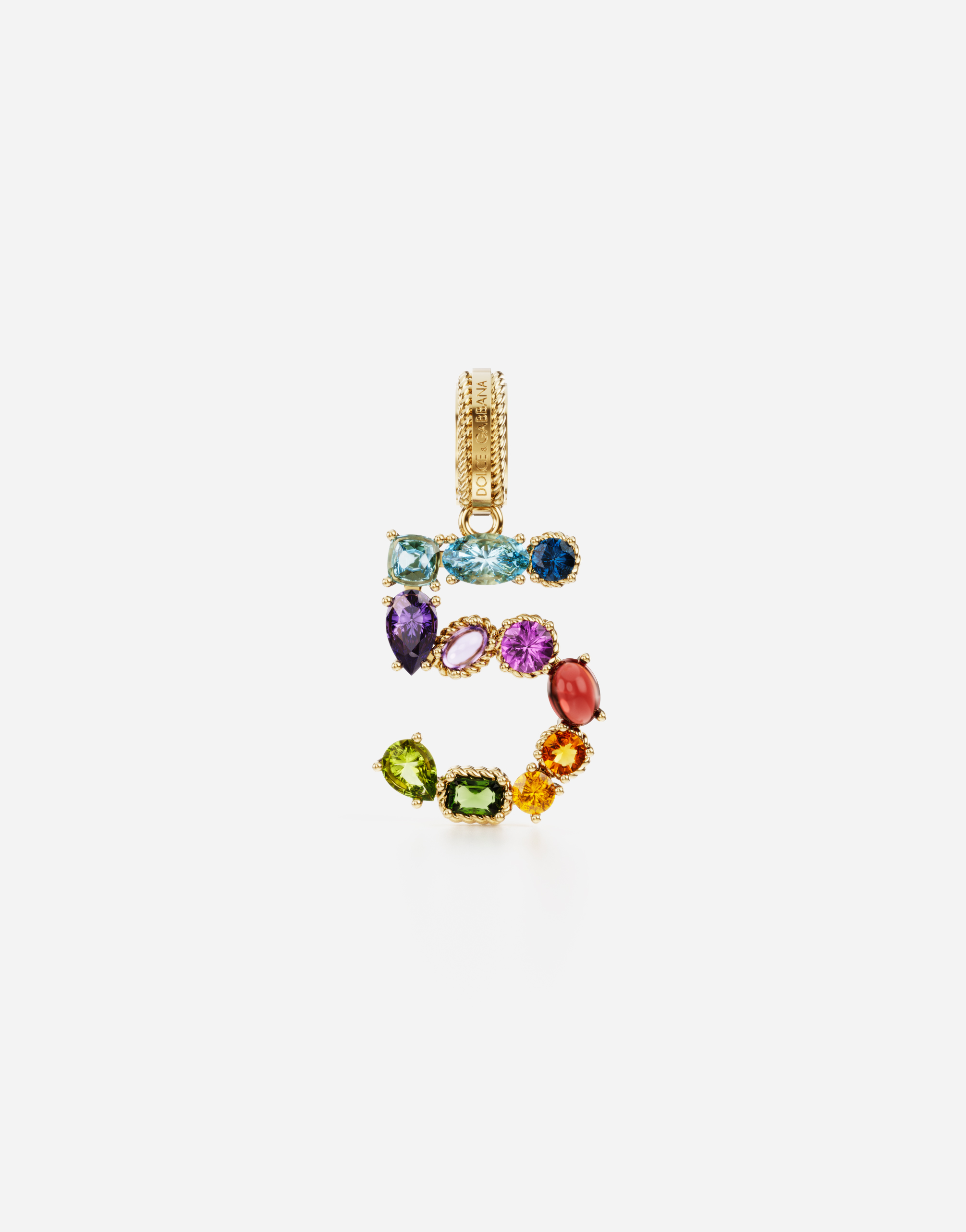 18 kt yellow gold rainbow pendant  with multicolor finegemstones representing number 5 in Yellow gold