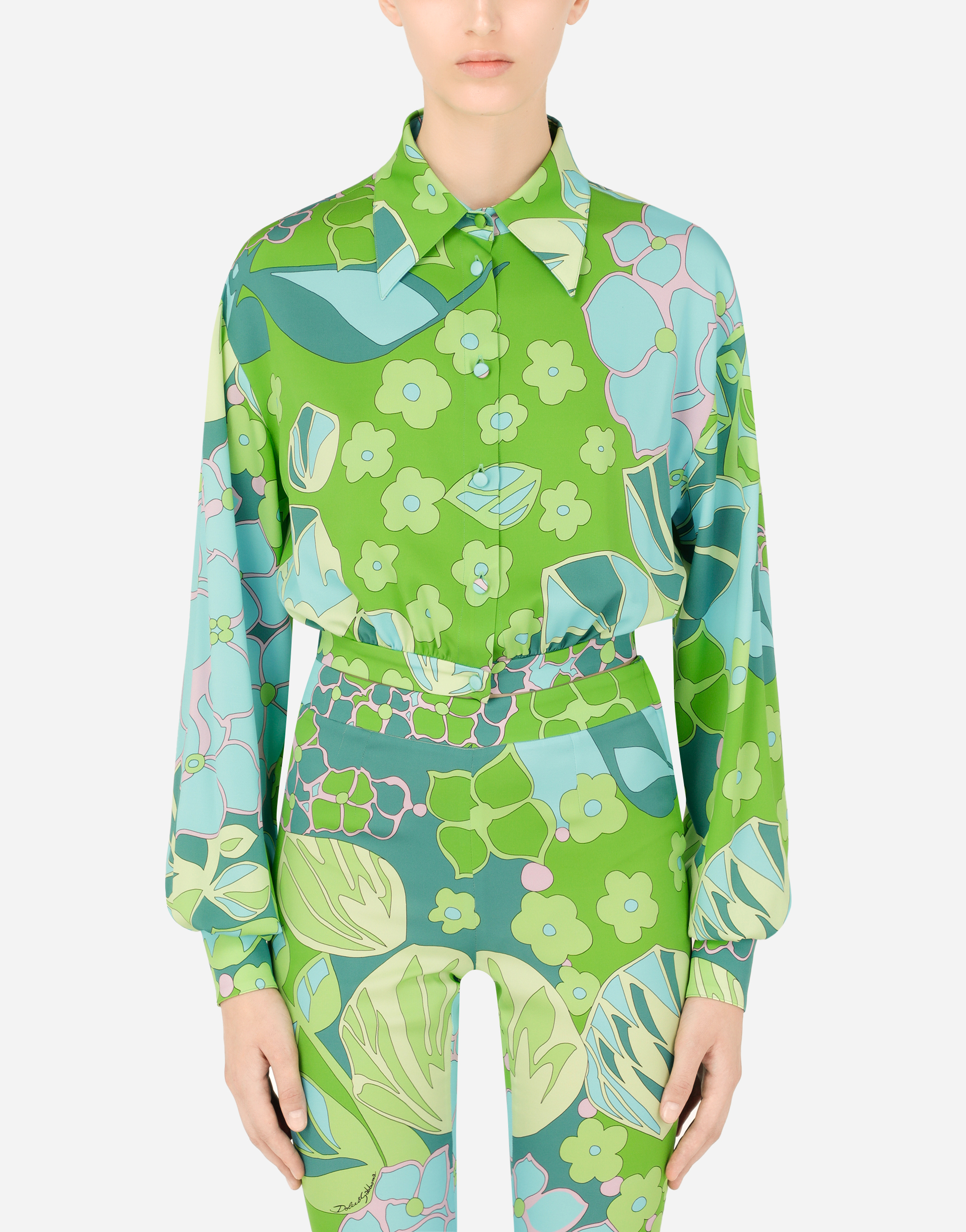 Cropped 60s-print charmeuse shirt in Multicolor