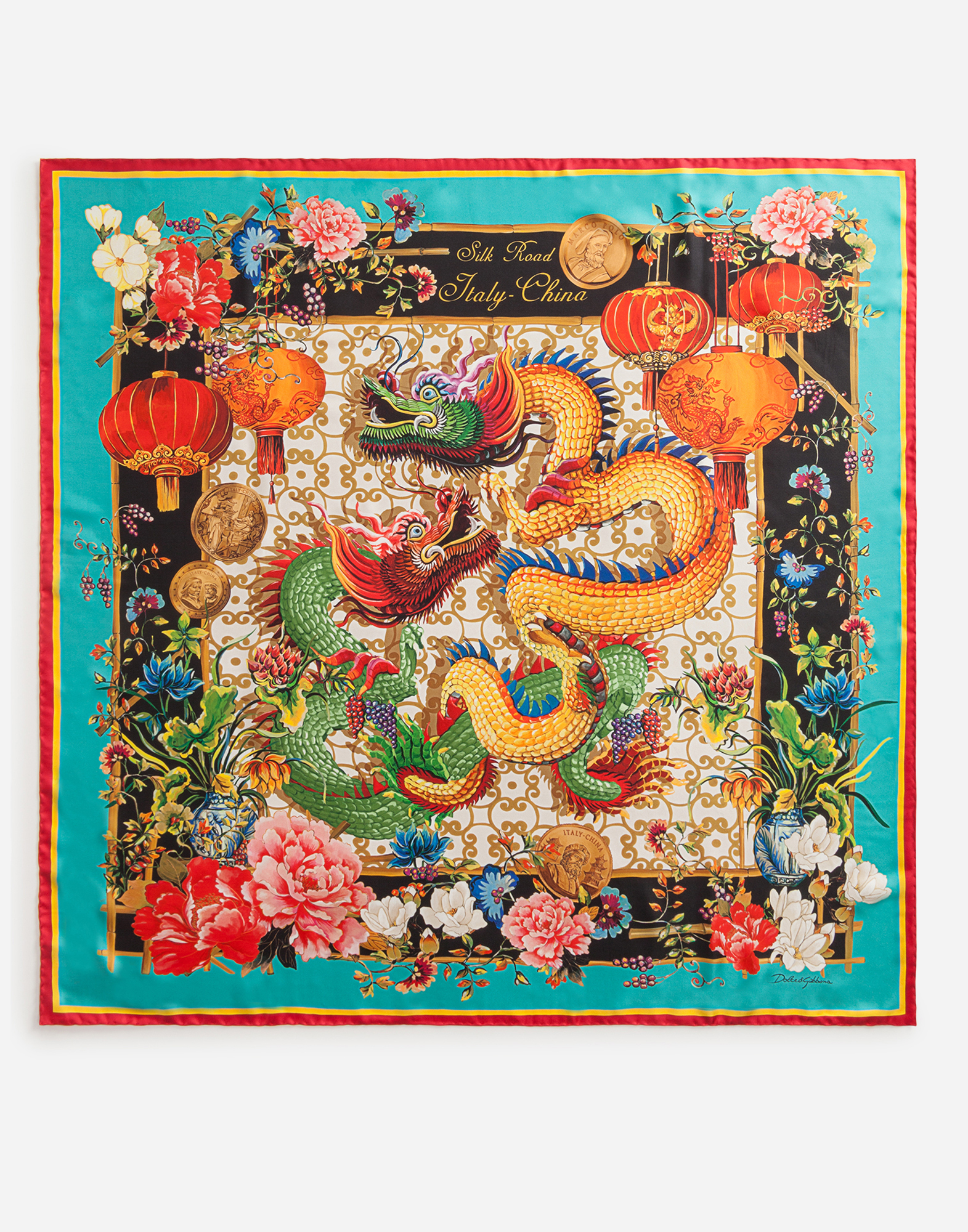Twill silk foulard with Silk road print: 90 x 90cm- 35 x 35 inches in Multicolor