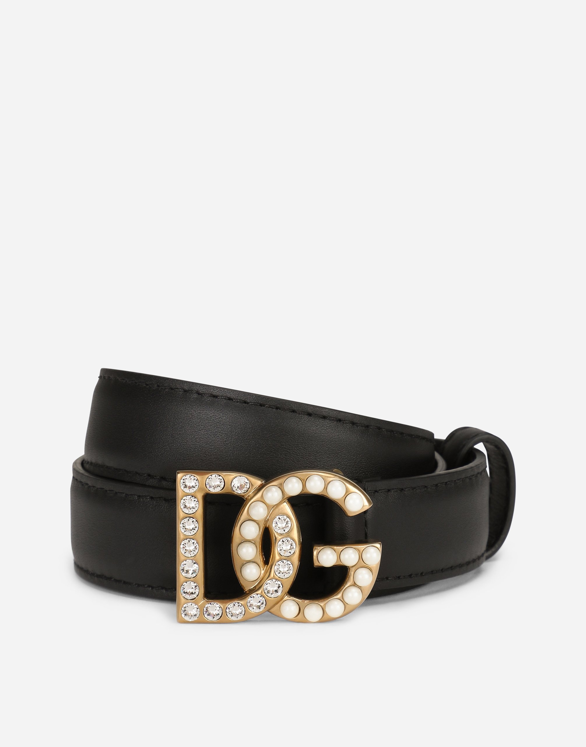 Calfskin belt with DG logo with rhinestones and pearls in Multicolor