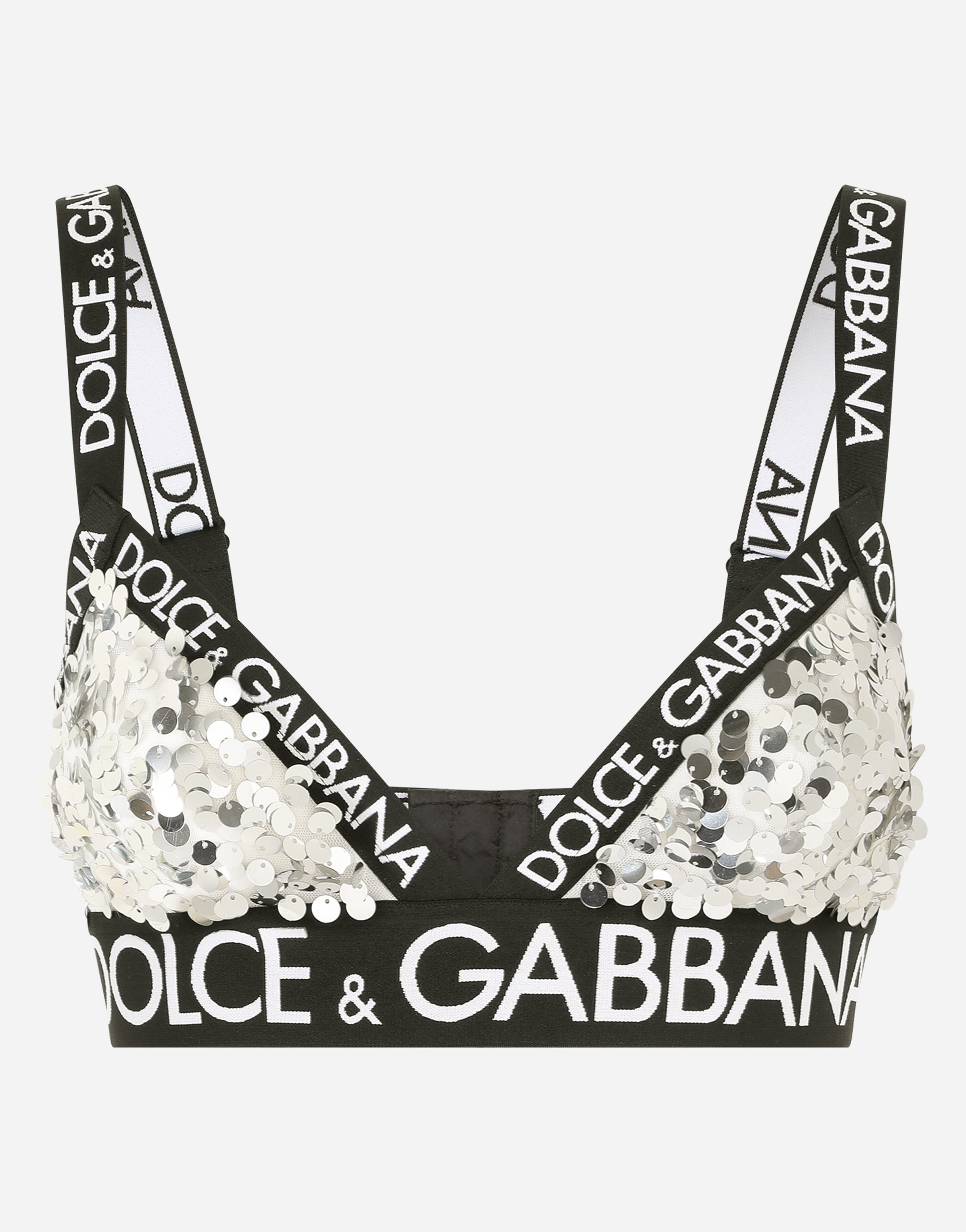 Sequined triangle bra with branded elastic in Silver