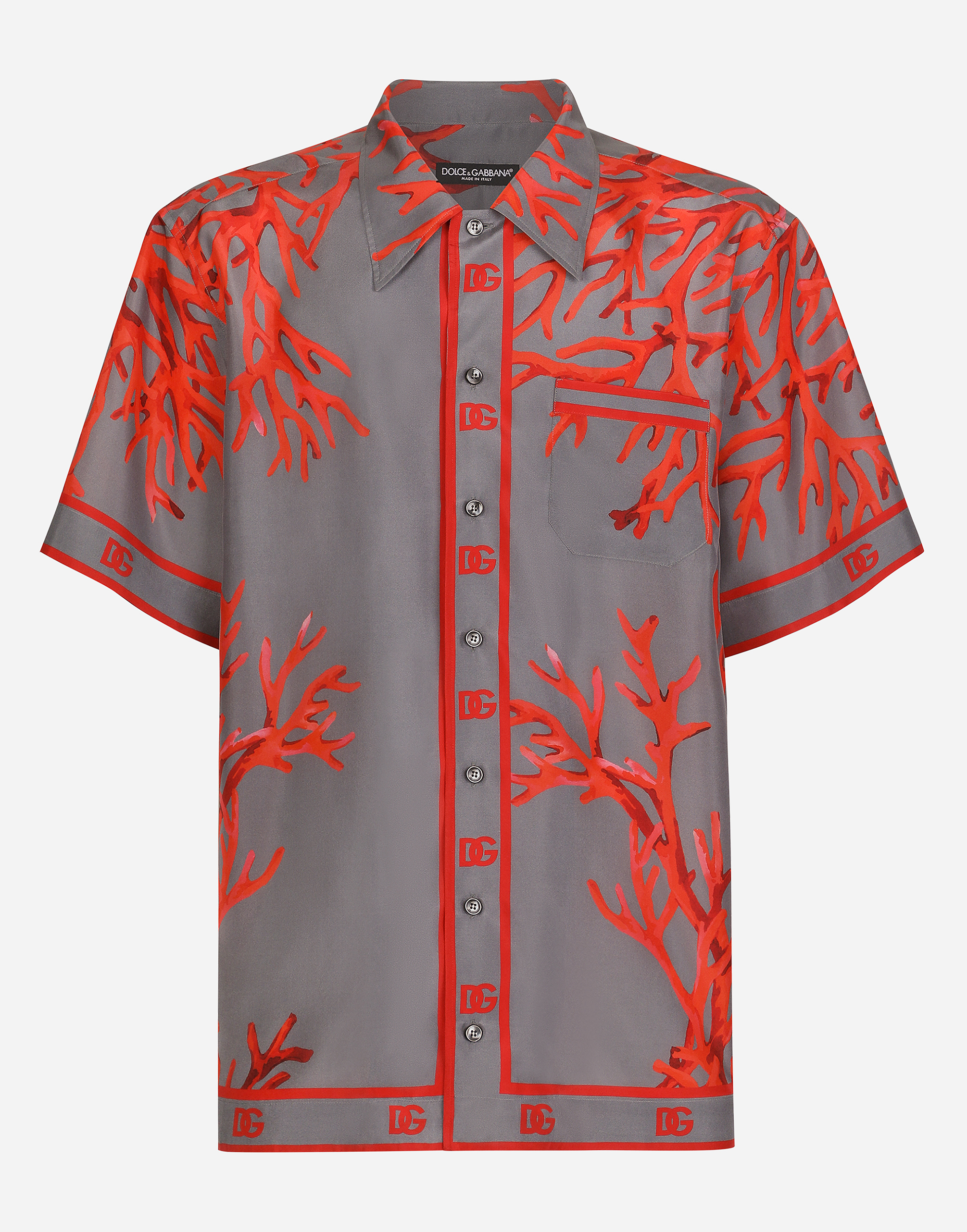 Silk habotai Hawaiian shirt with coral print in Multicolor