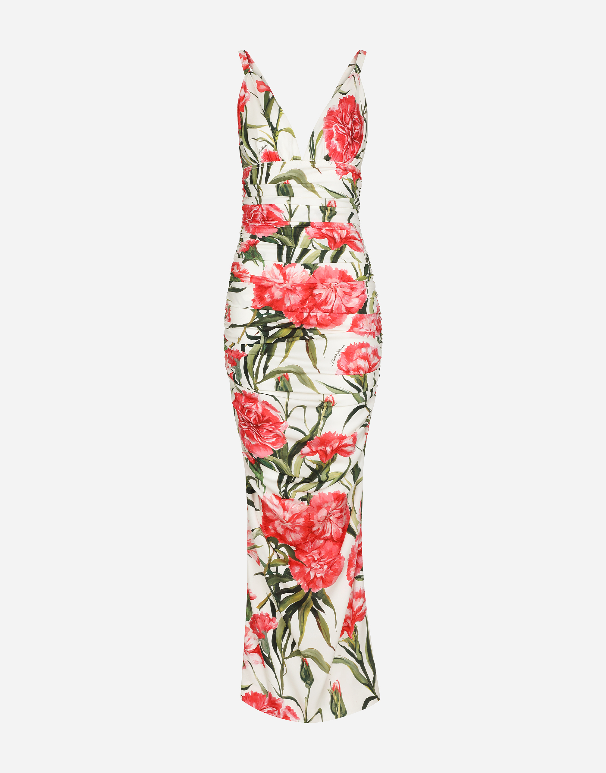 Carnation-print charmeuse calf-length dress in Multicolor
