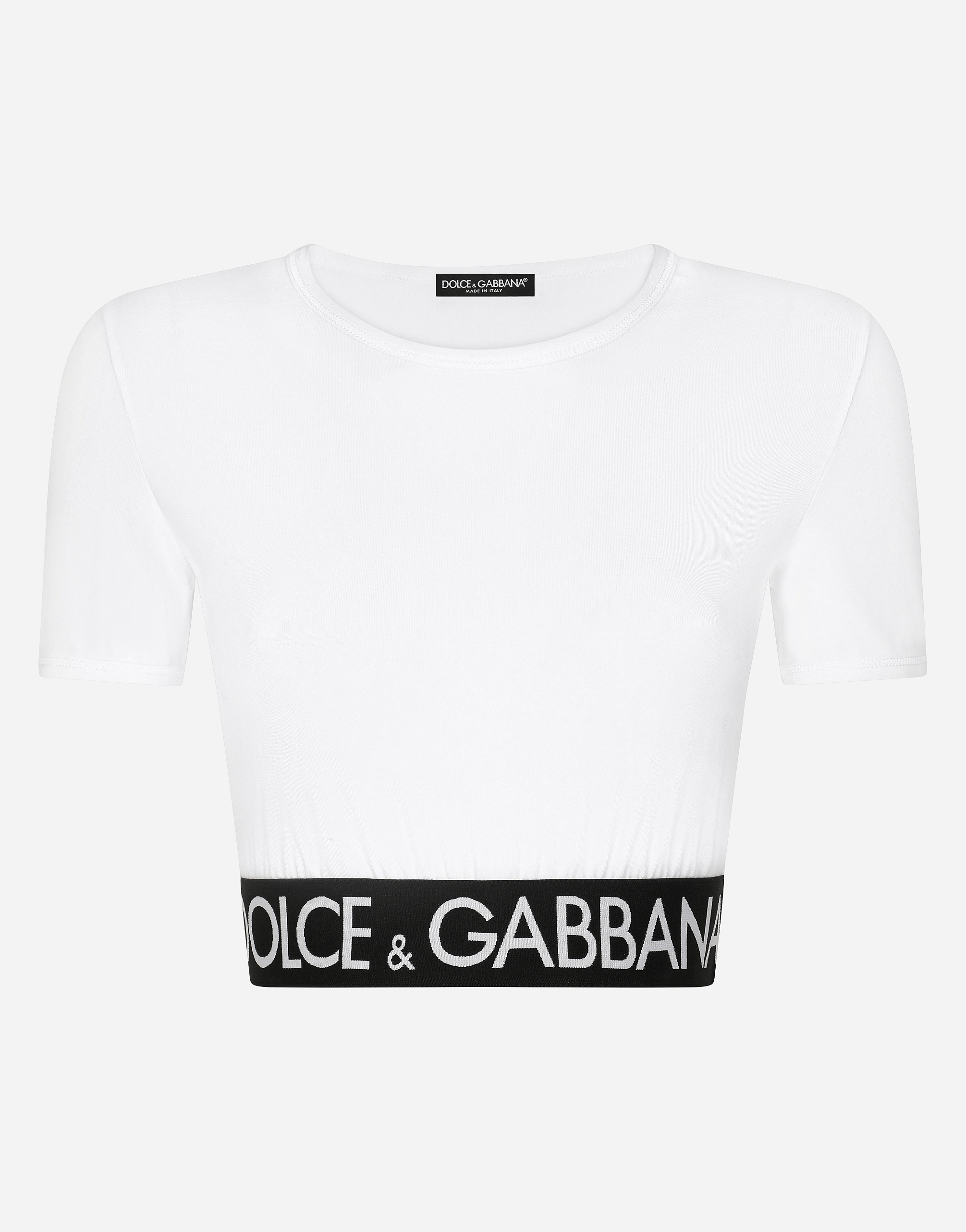 Cropped jersey T-shirt with branded elastic in White
