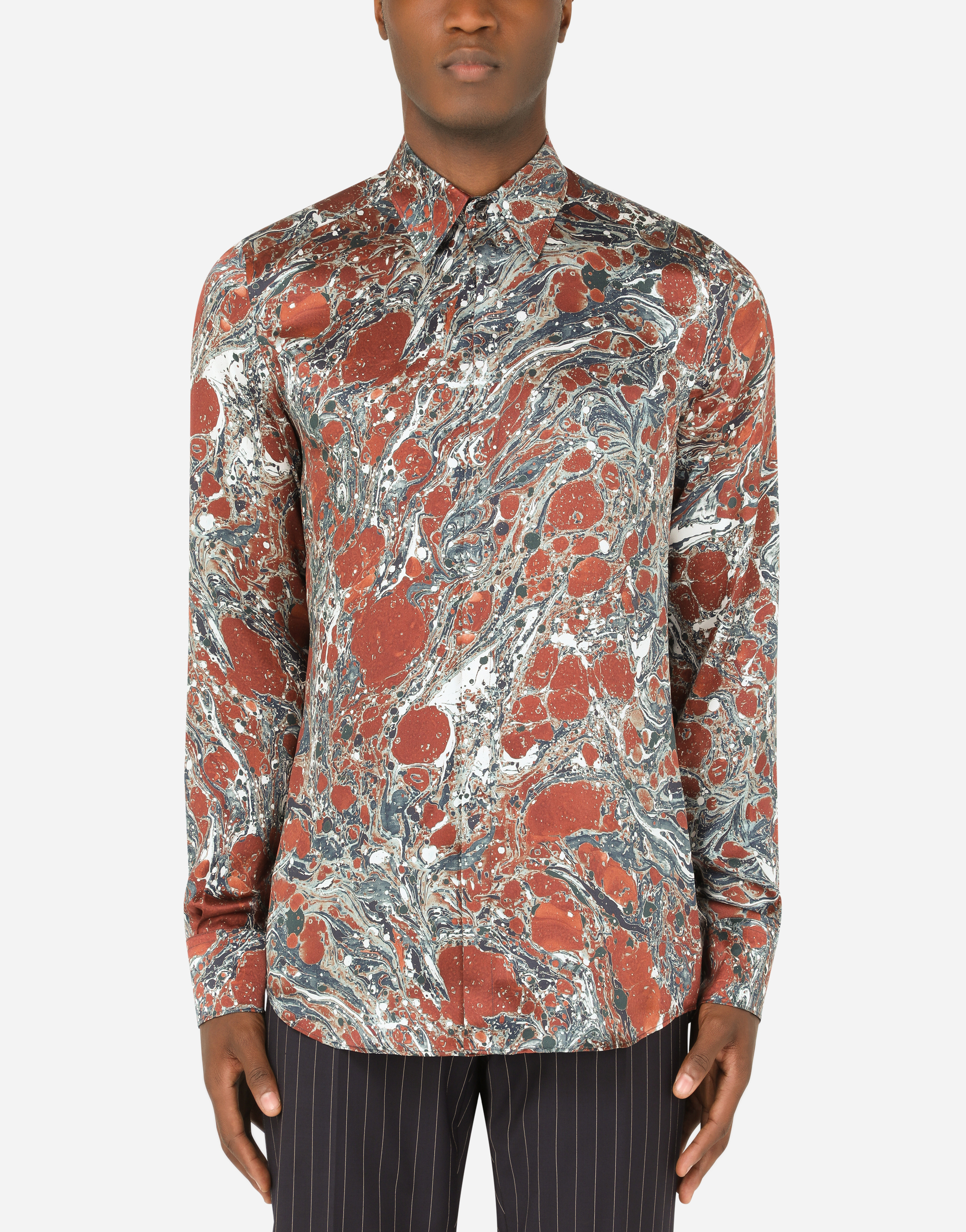 Silk Martini-fit shirt with marbled print in Multicolor