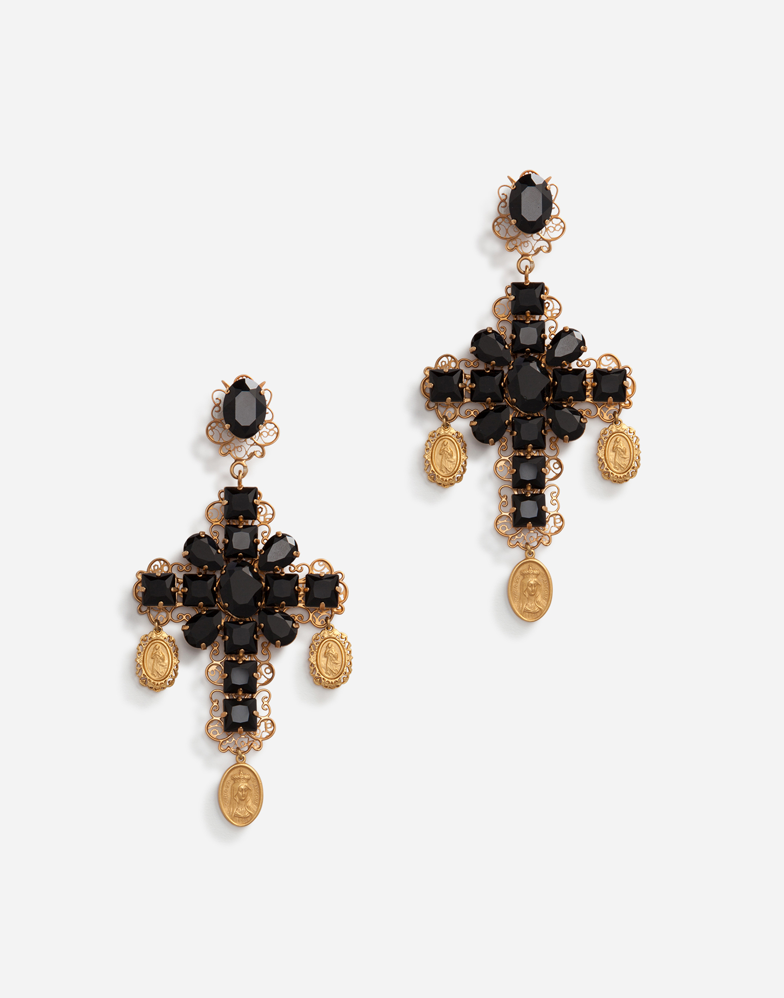 Clip-on drop earrings with crosses and medallions in Black/Gold