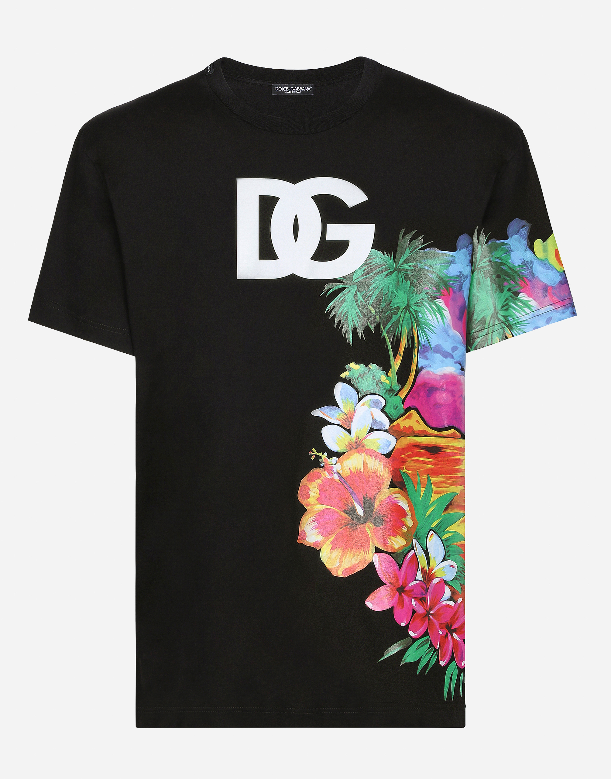 Cotton round-neck T-shirt with Hawaiian print in Multicolor