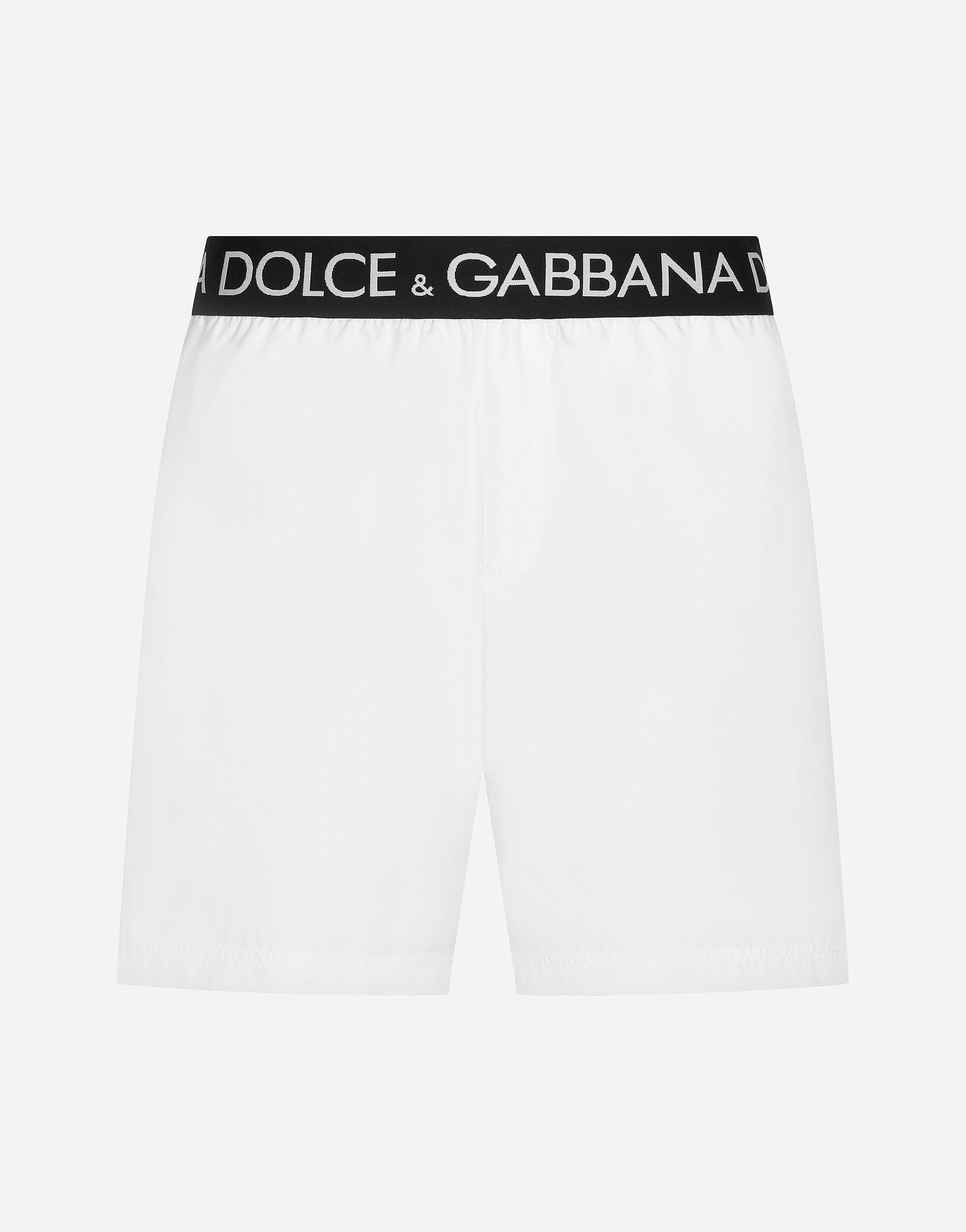 Mid-length swim trunks with branded stretch waistband in White