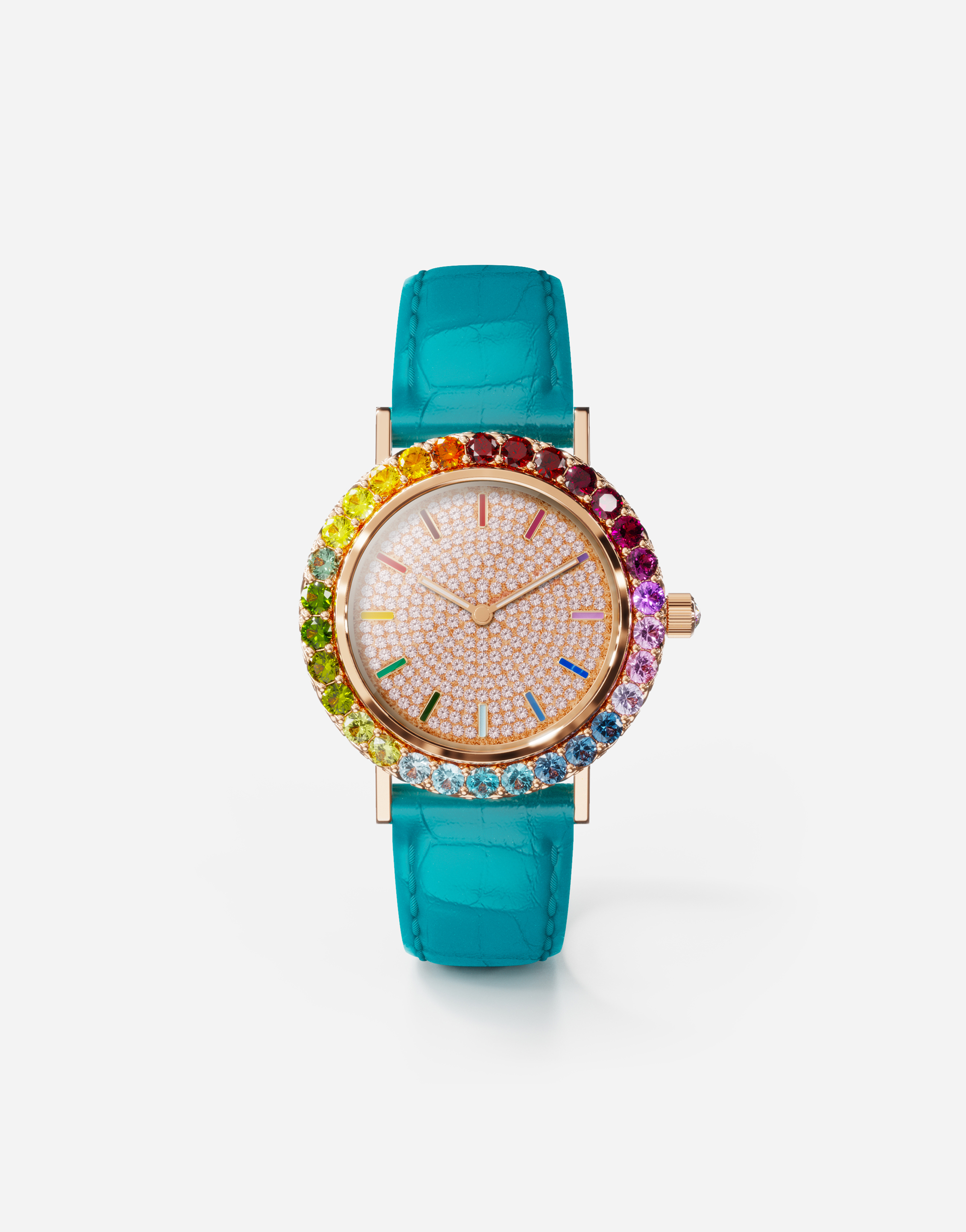 Iris watch in rose gold with multi-colored fine gems and diamonds in Turquoise