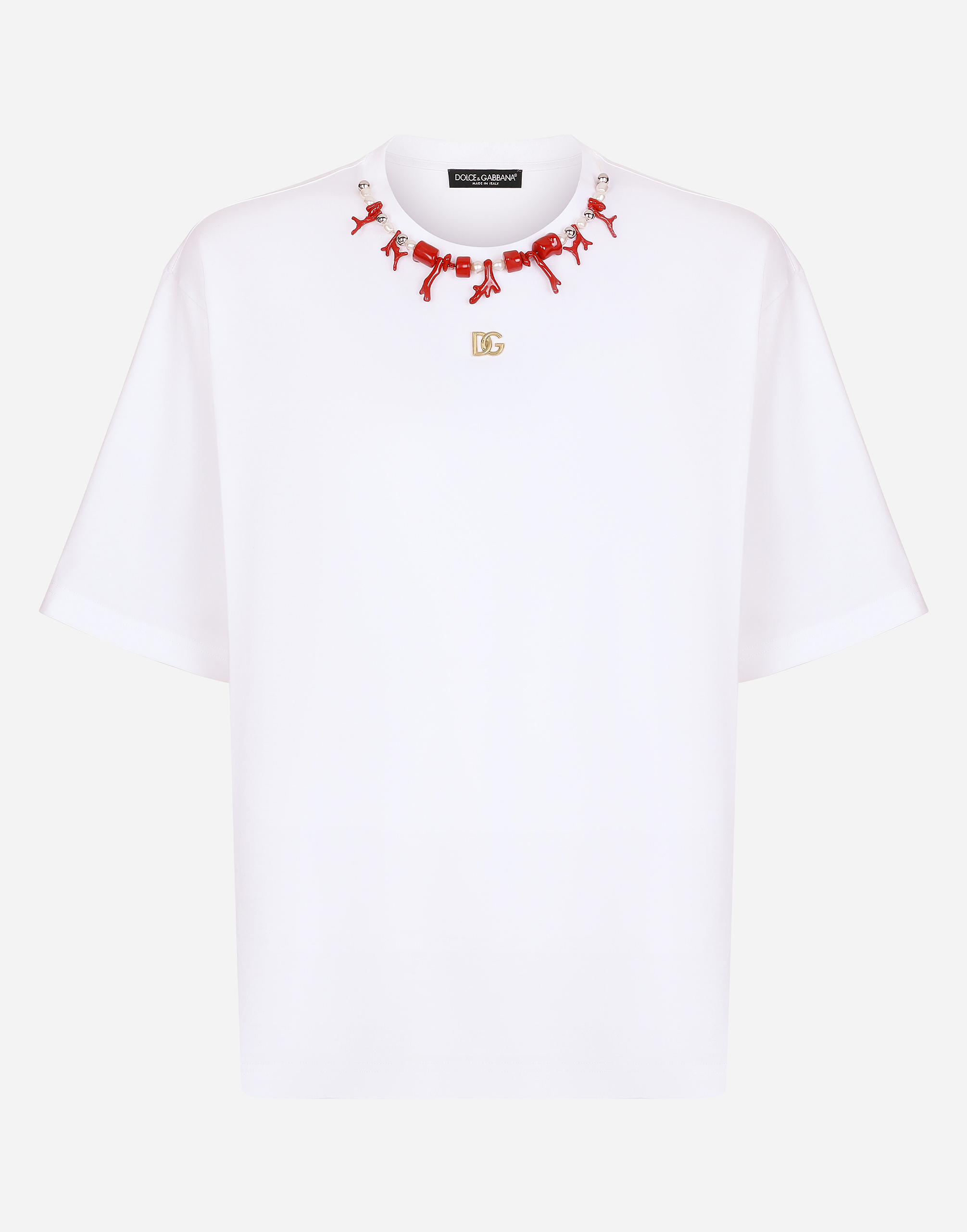 Cotton T-shirt with coral necklace and DG patch in White