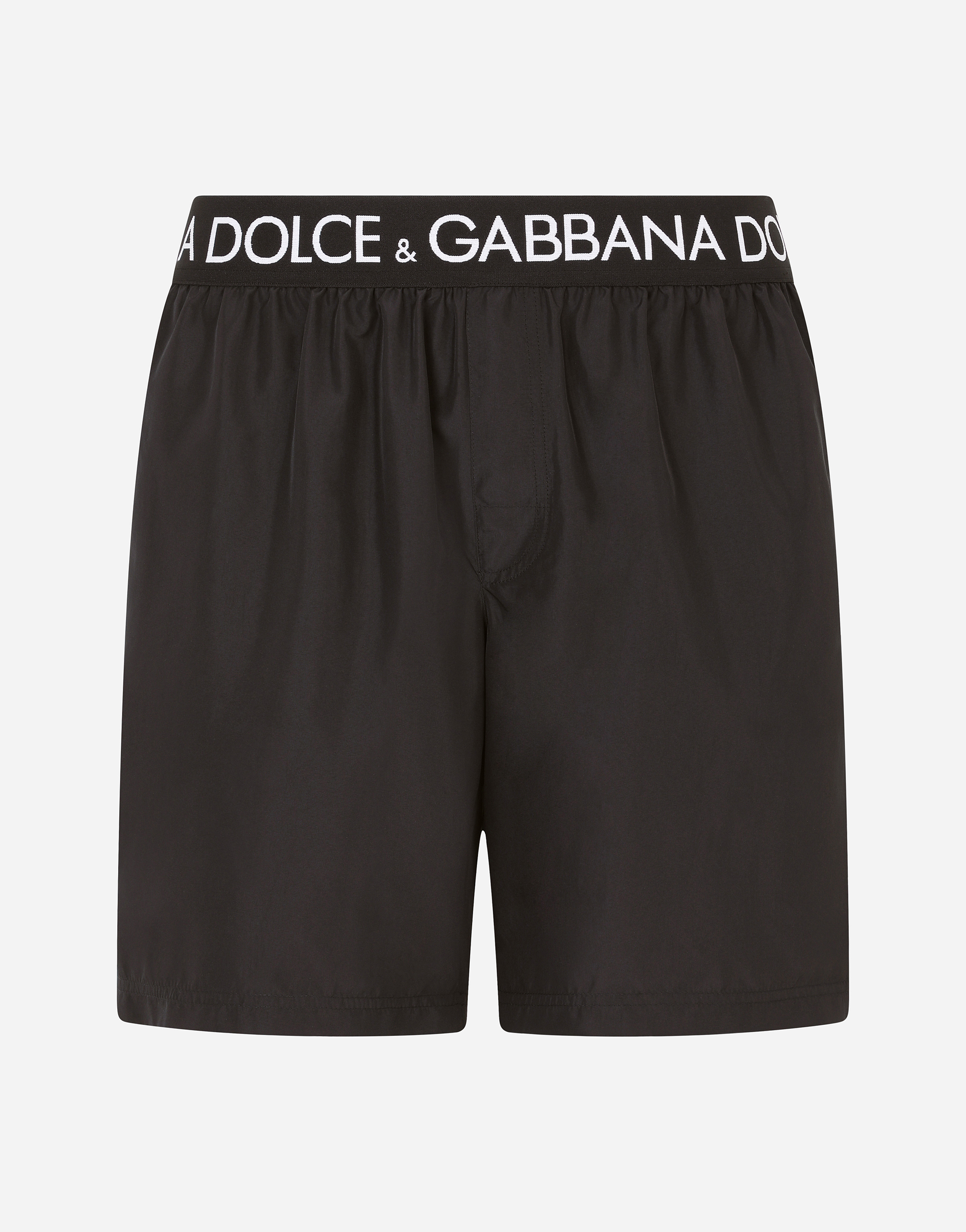 Mid-length swim trunks with branded stretch waistband in Black
