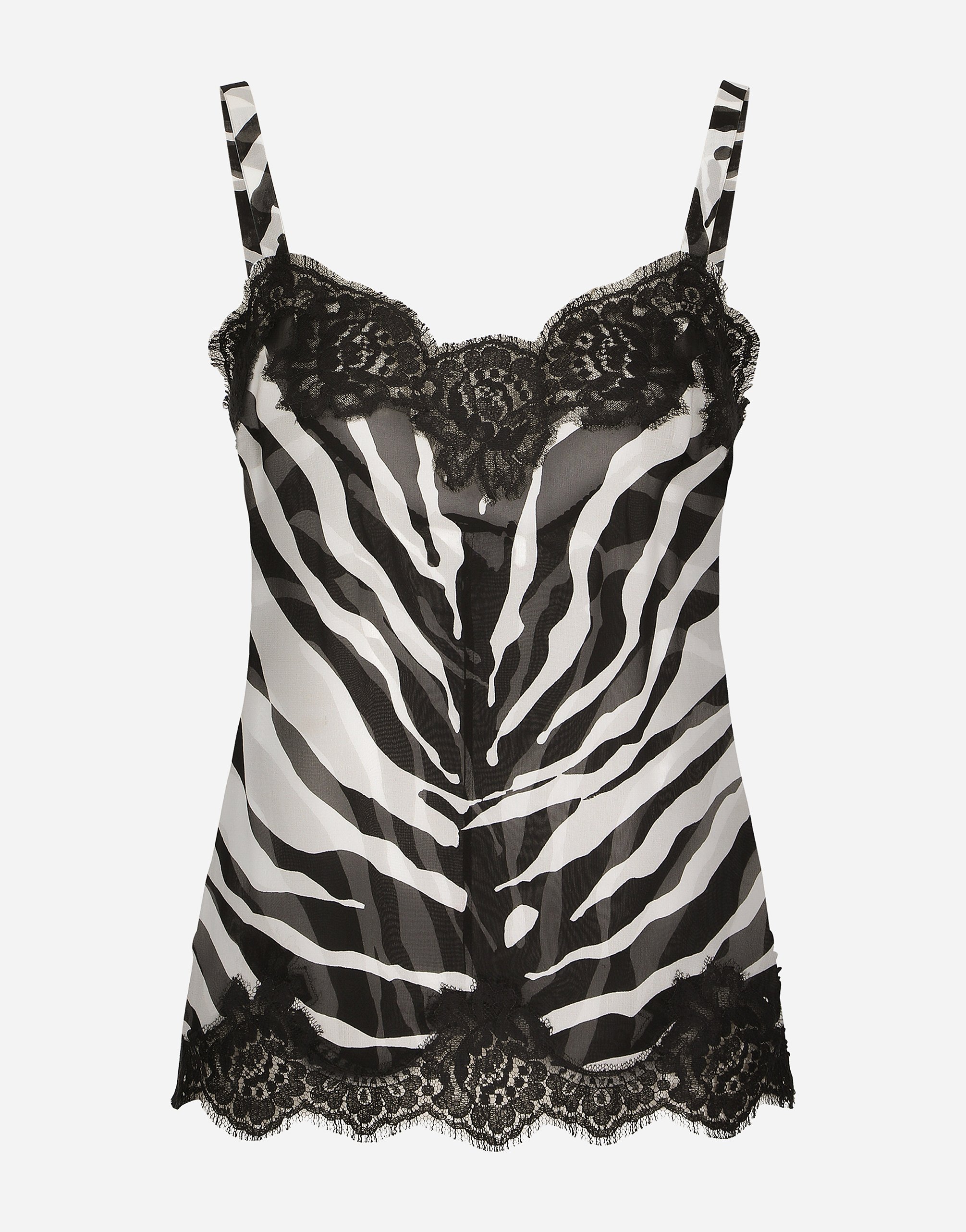 DOLCE & GABBANA Zebra-print chiffon lingerie-style top with lace detailing