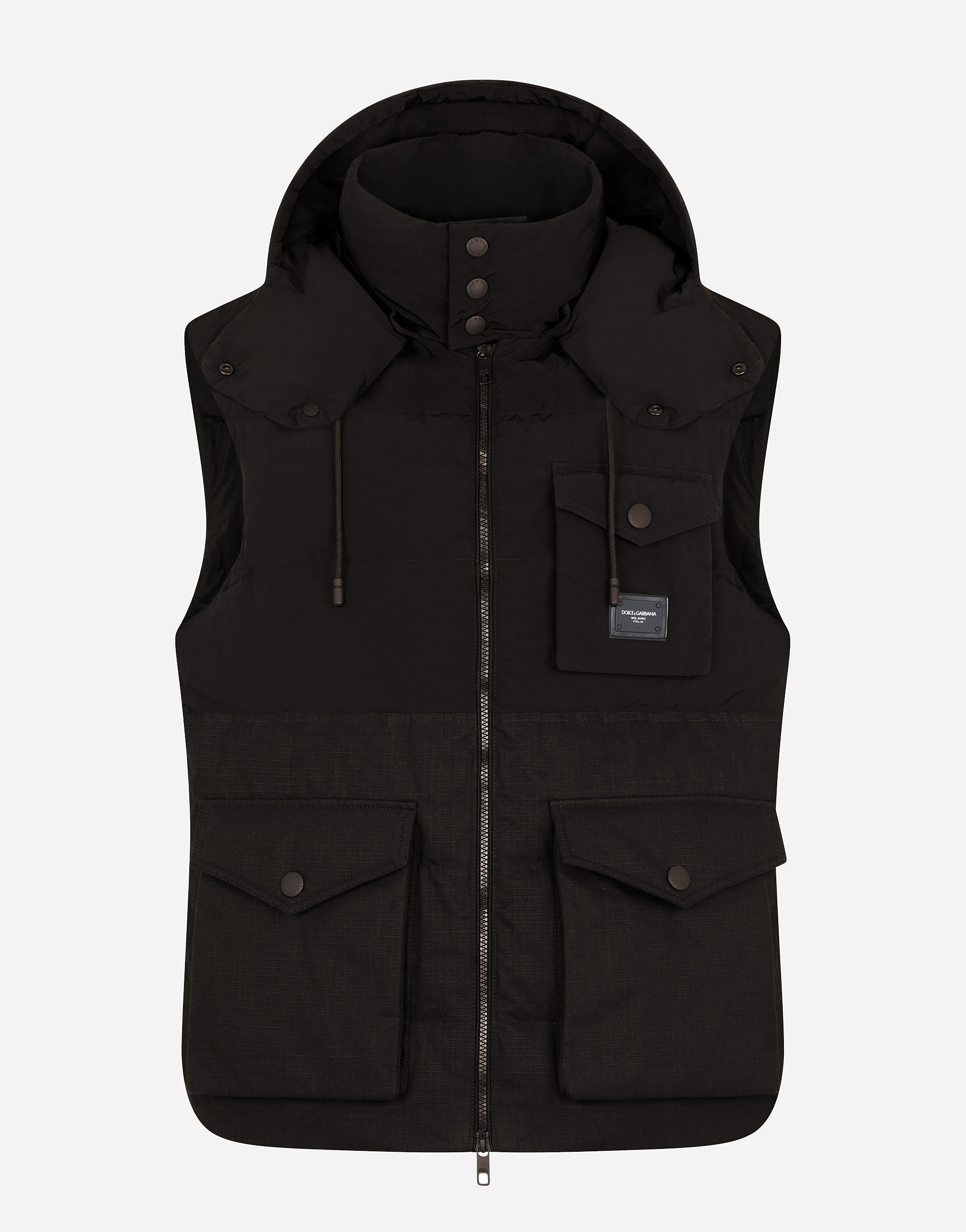 Quilted gilet with hood and branded plate in Black
