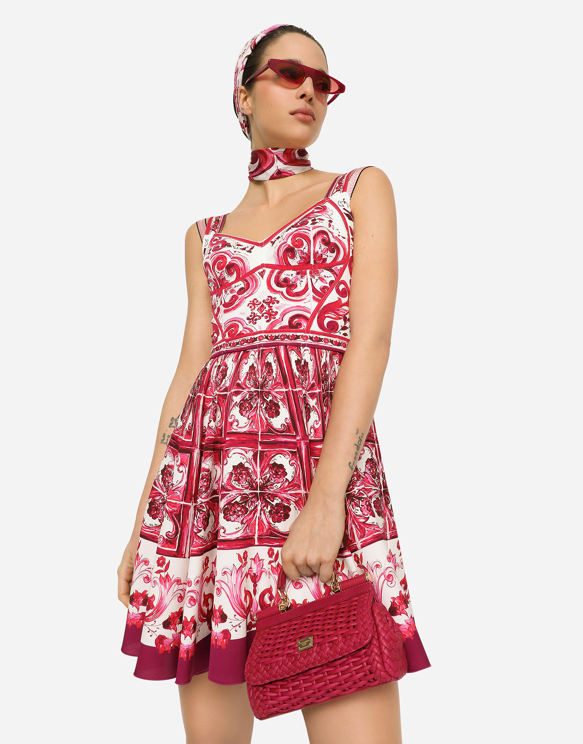 Short Majolica-print charmeuse bustier dress in Multicolor | Dolce&Gabbana®