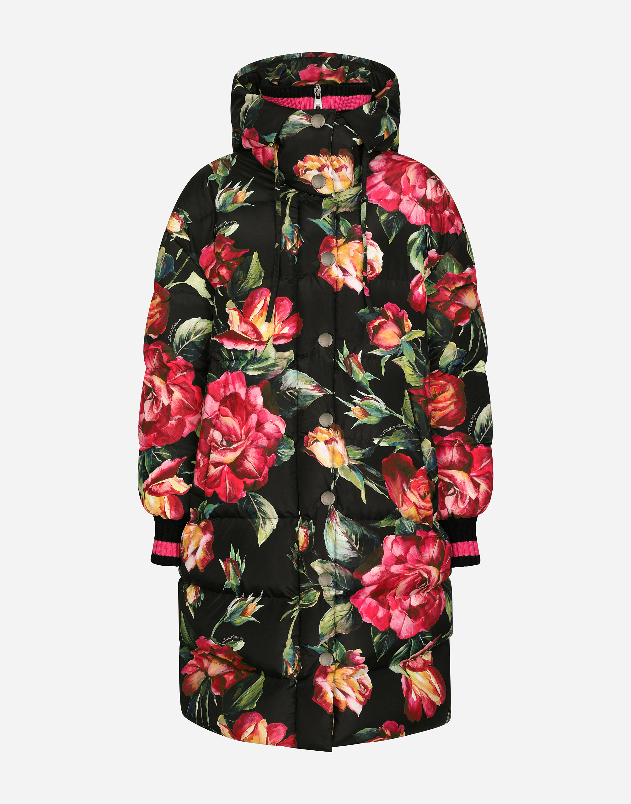 Long nylon down jacket with rose print in Multicolor