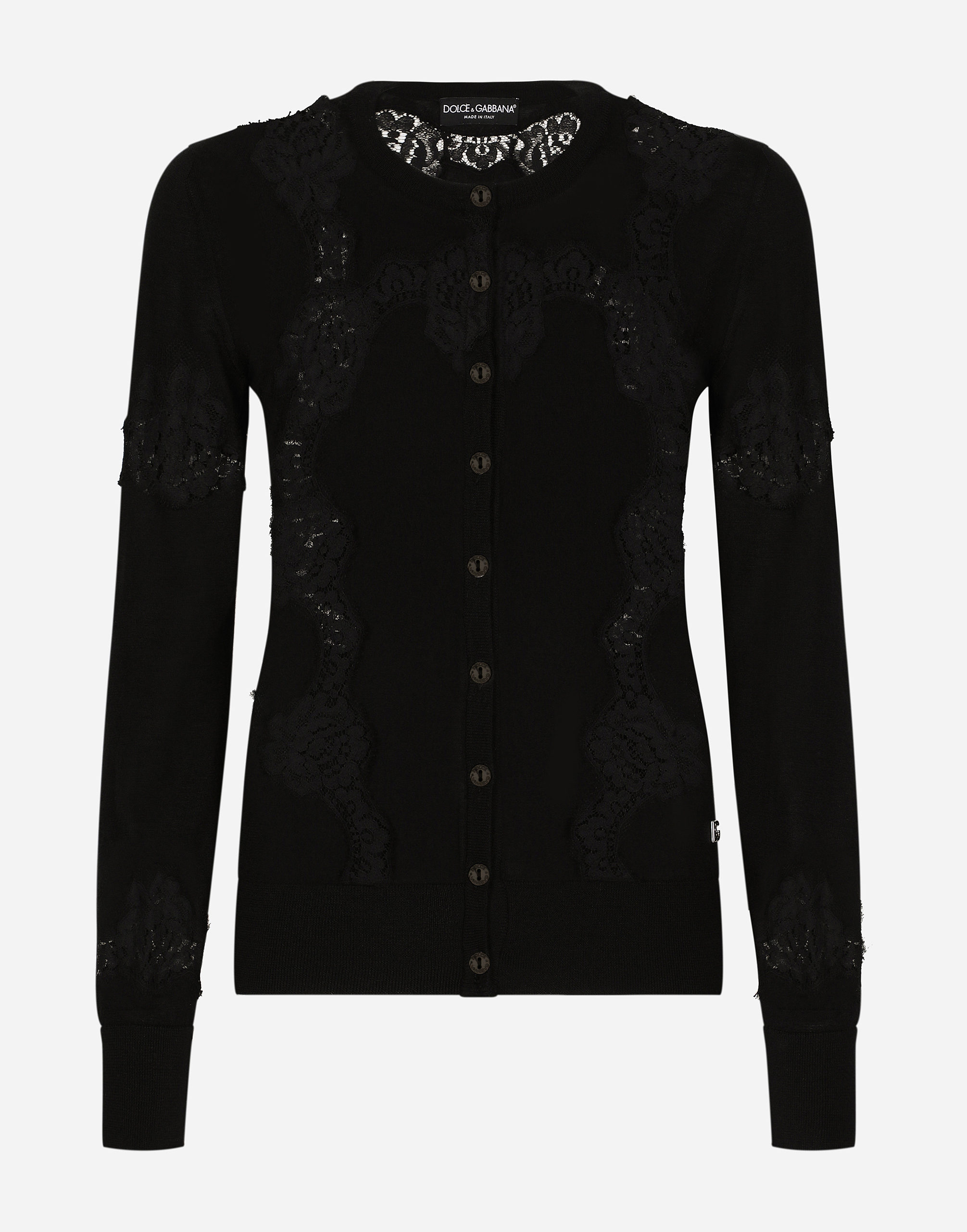 Cashmere and silk cardigan with lace inlay in Black