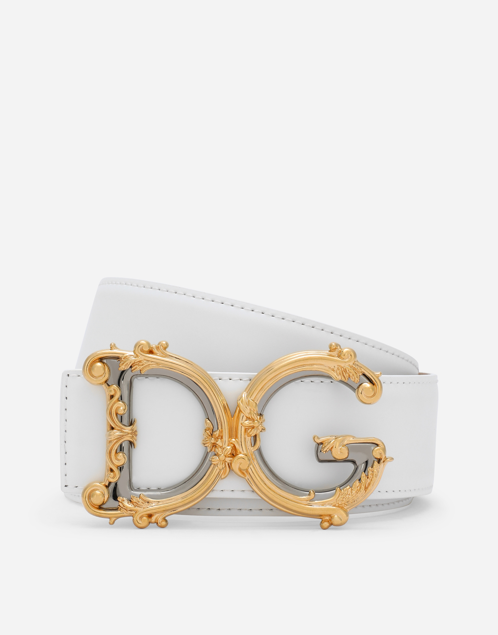 Leather belt with baroque DG logo in White