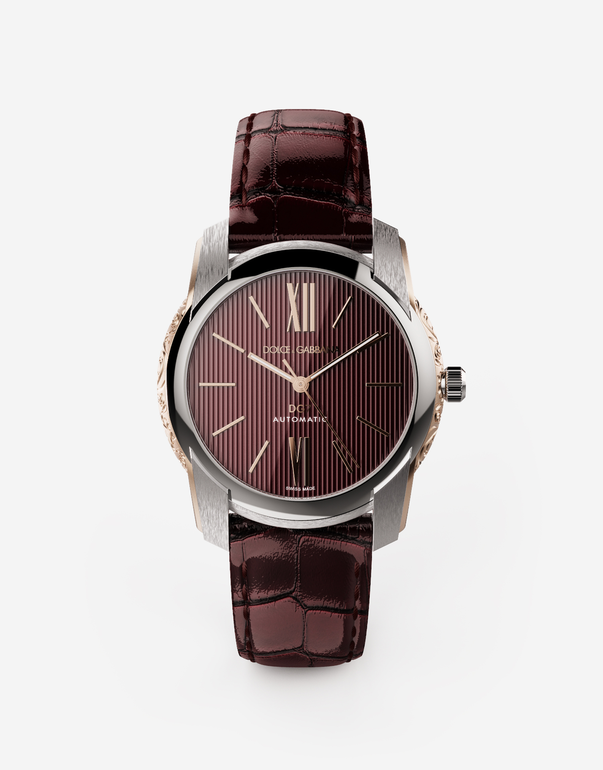 DG7 watch in steel with engraved side decoration in gold in Bordeaux